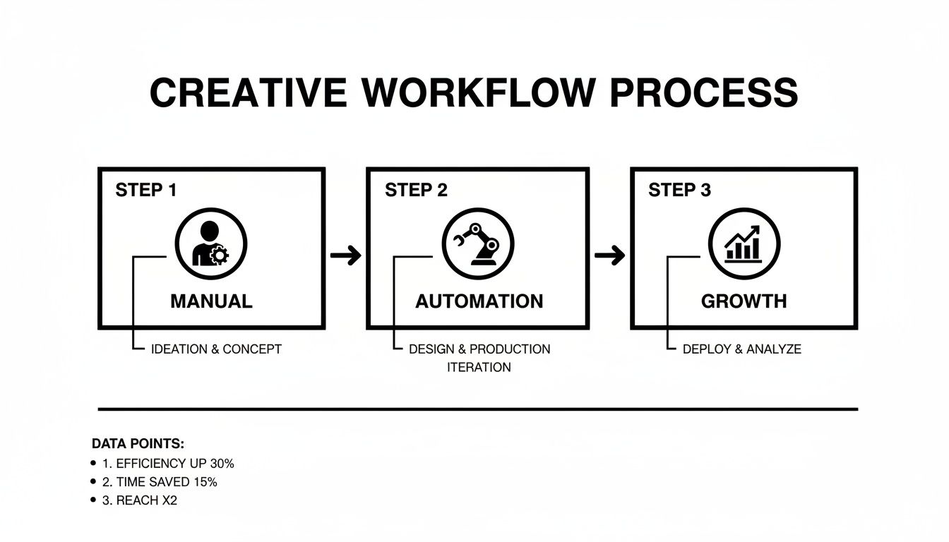 Diagram showing a creative workflow from manual ideation to automation, leading to growth and improved metrics.