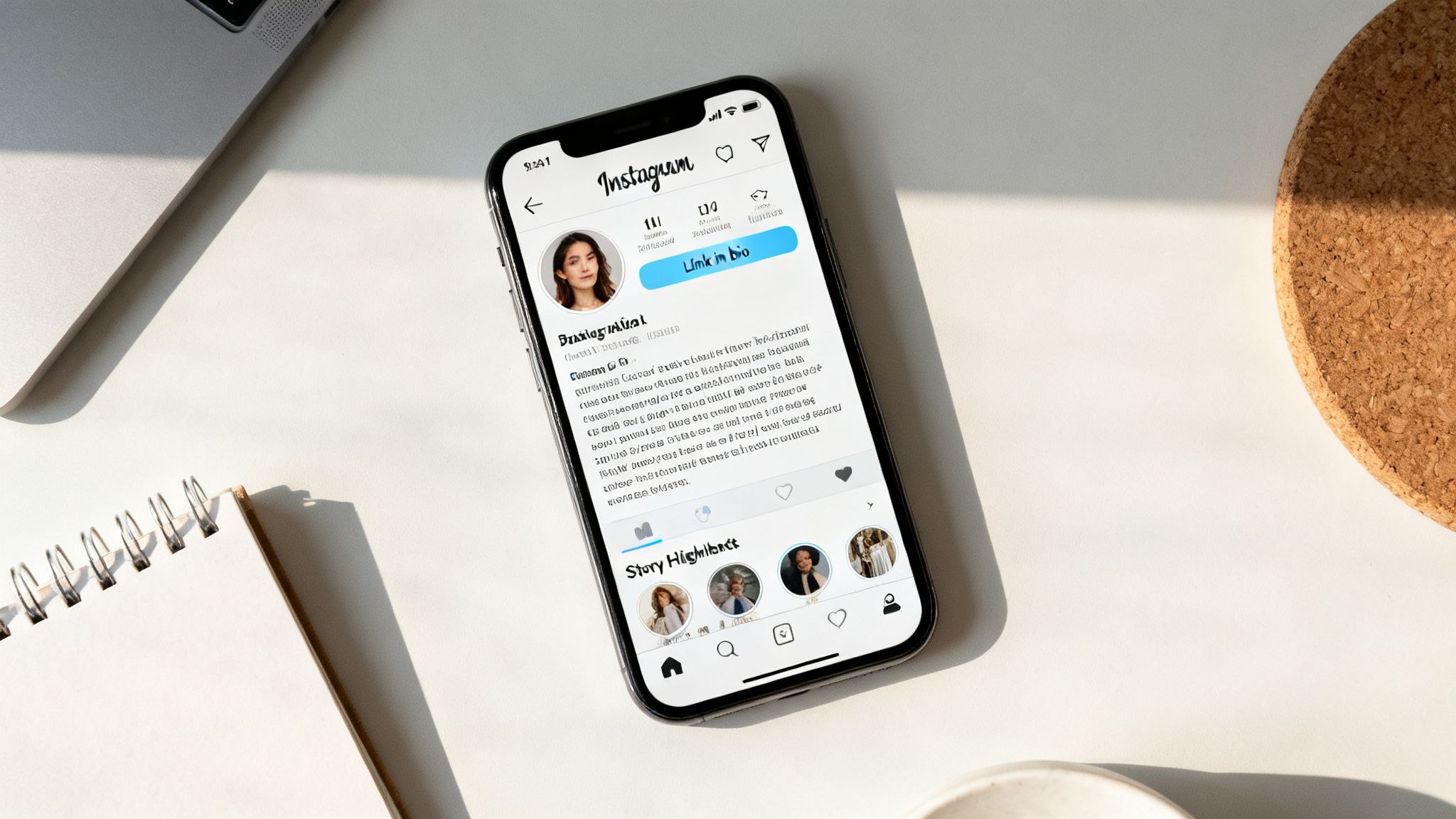 A top-down view of an iPhone displaying an Instagram profile on a white desk with a laptop.