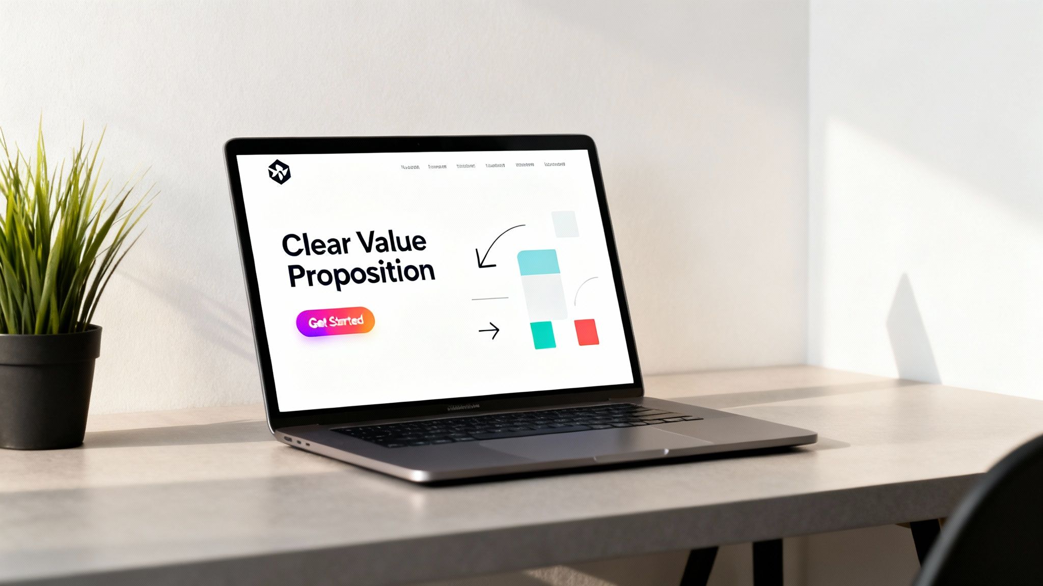 A laptop displays a website with 'Clear Value Proposition' and a 'Get Started' button, on a modern desk.