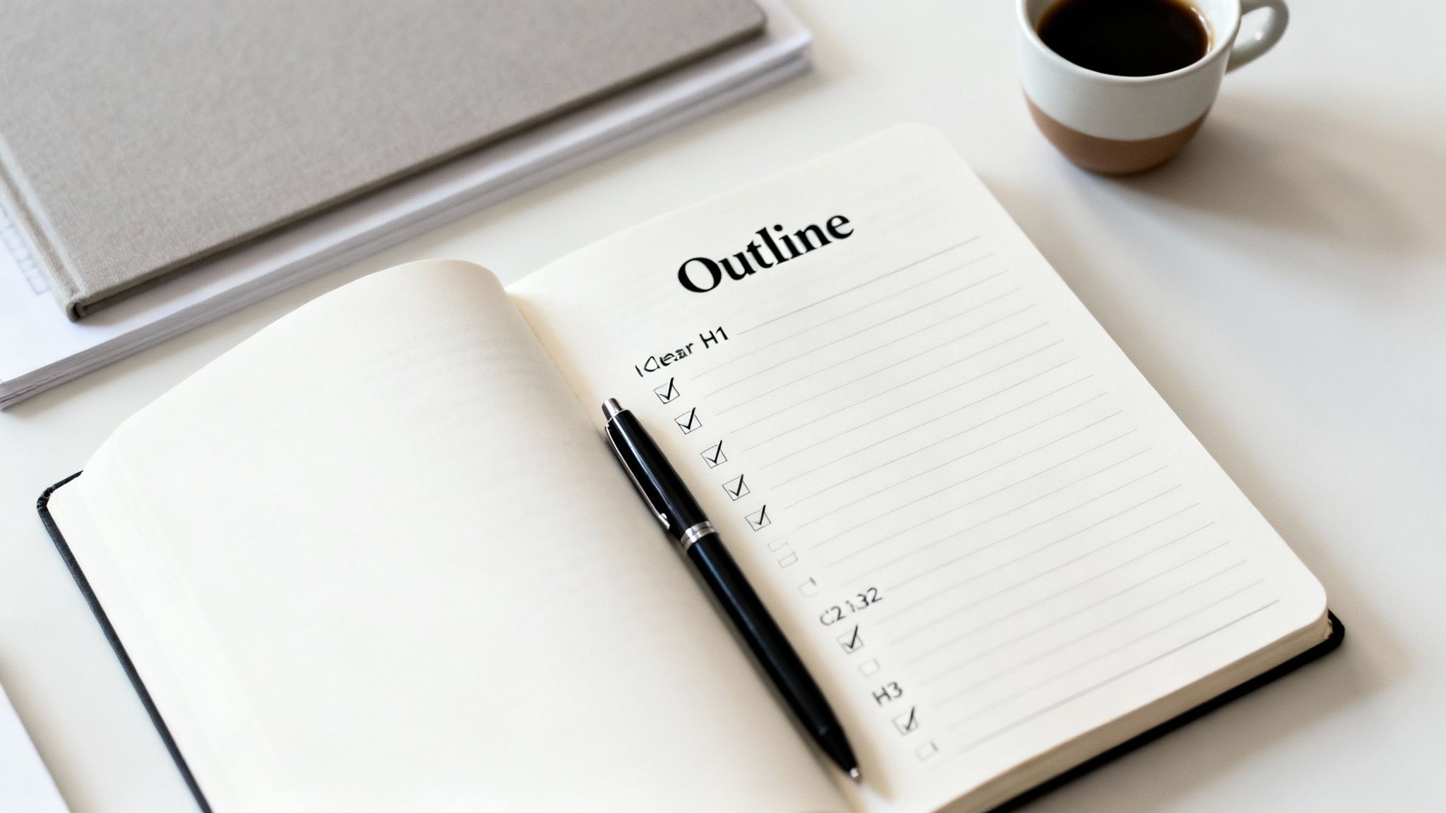 Open notebook with an outline checklist and pen on a white desk, alongside coffee and books.