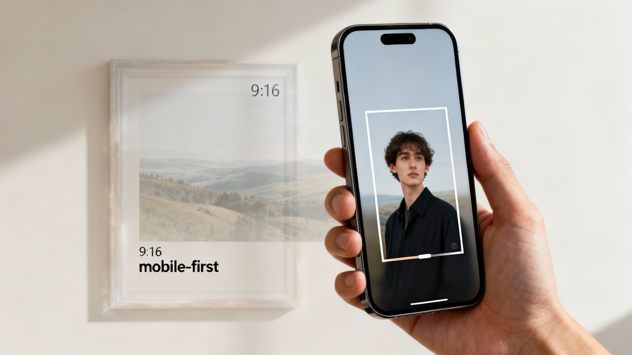 A hand holds a smartphone displaying a portrait, with a framed landscape and '9:16 mobile-first' text in the background.