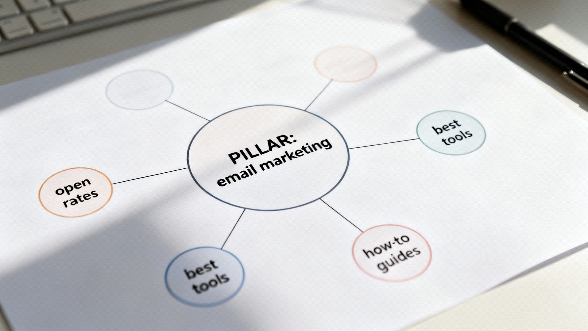A mind map diagram showing 'email marketing' as a pillar with related concepts like open rates and tools.