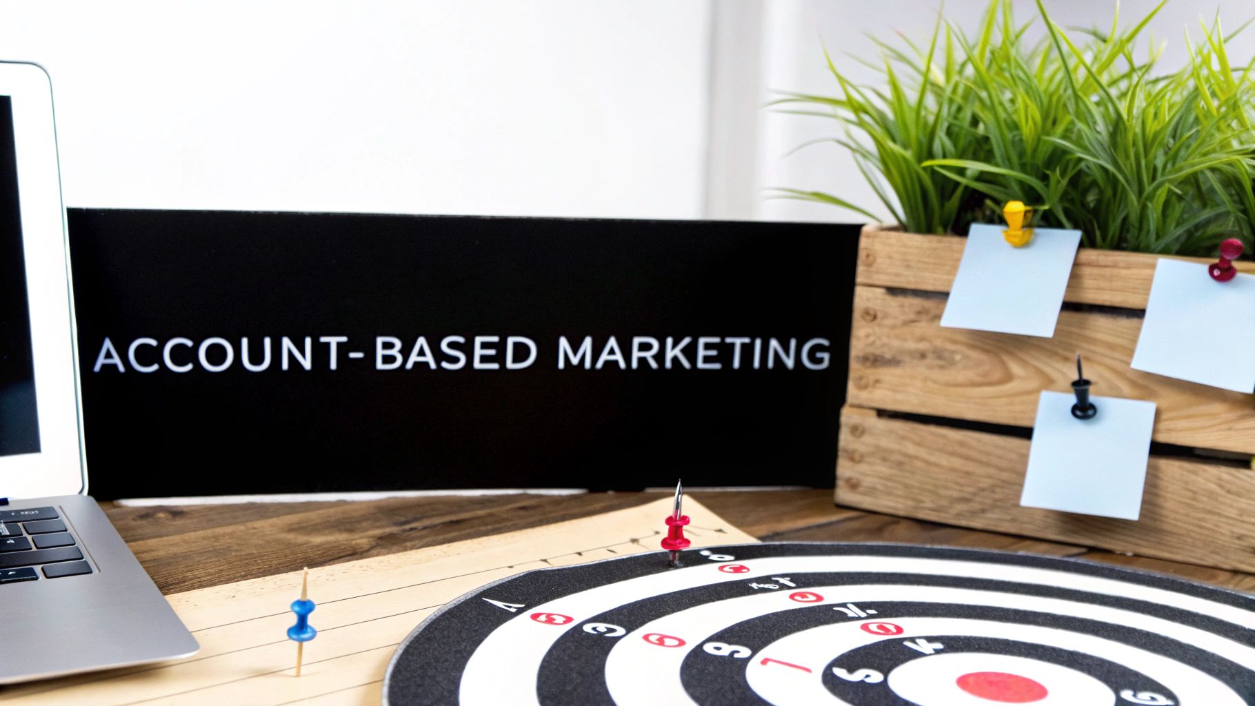 A desk with an 'Account-Based Marketing' sign, laptop, and a dartboard, symbolizing strategic marketing efforts.