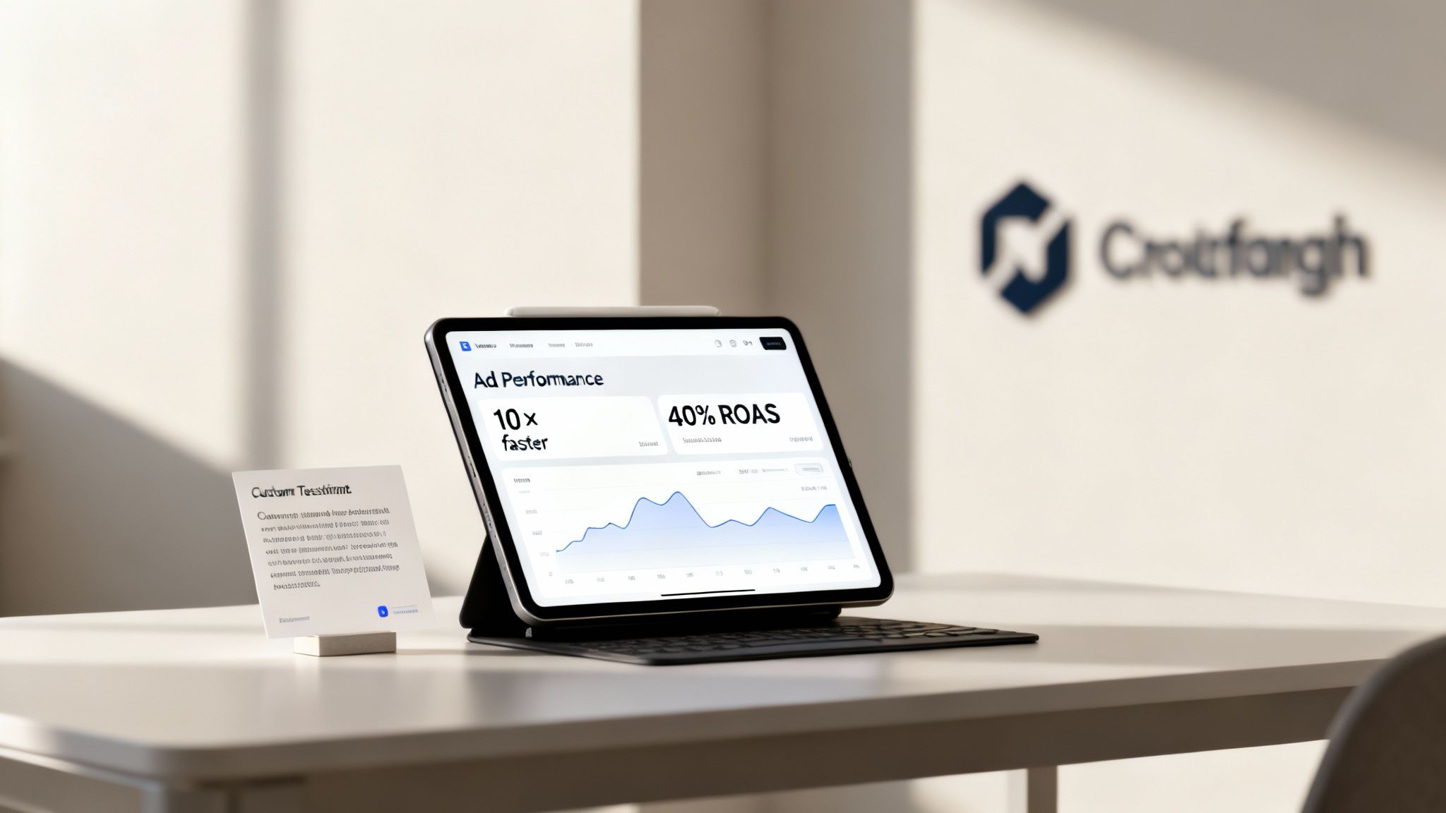 A tablet displaying ad performance metrics like 10x faster and 40% ROAS on a desk.