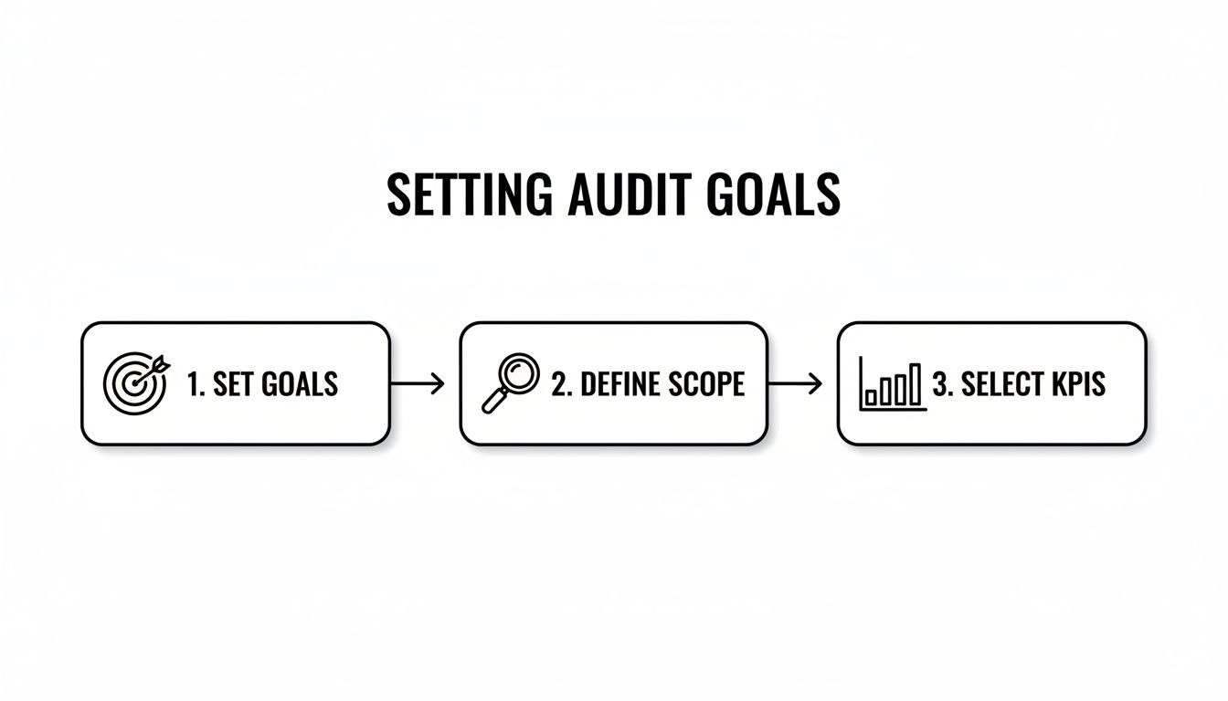 A flowchart illustrating the three steps for setting audit goals: set goals, define scope, and select KPIs.