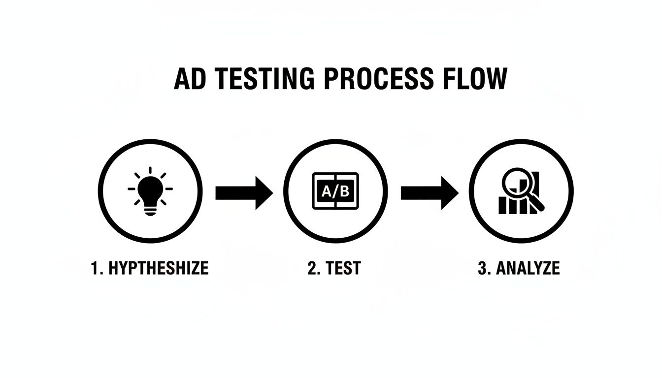 Ad testing process flow diagram showing steps: hypothesize (idea), test (A/B), and analyze results.