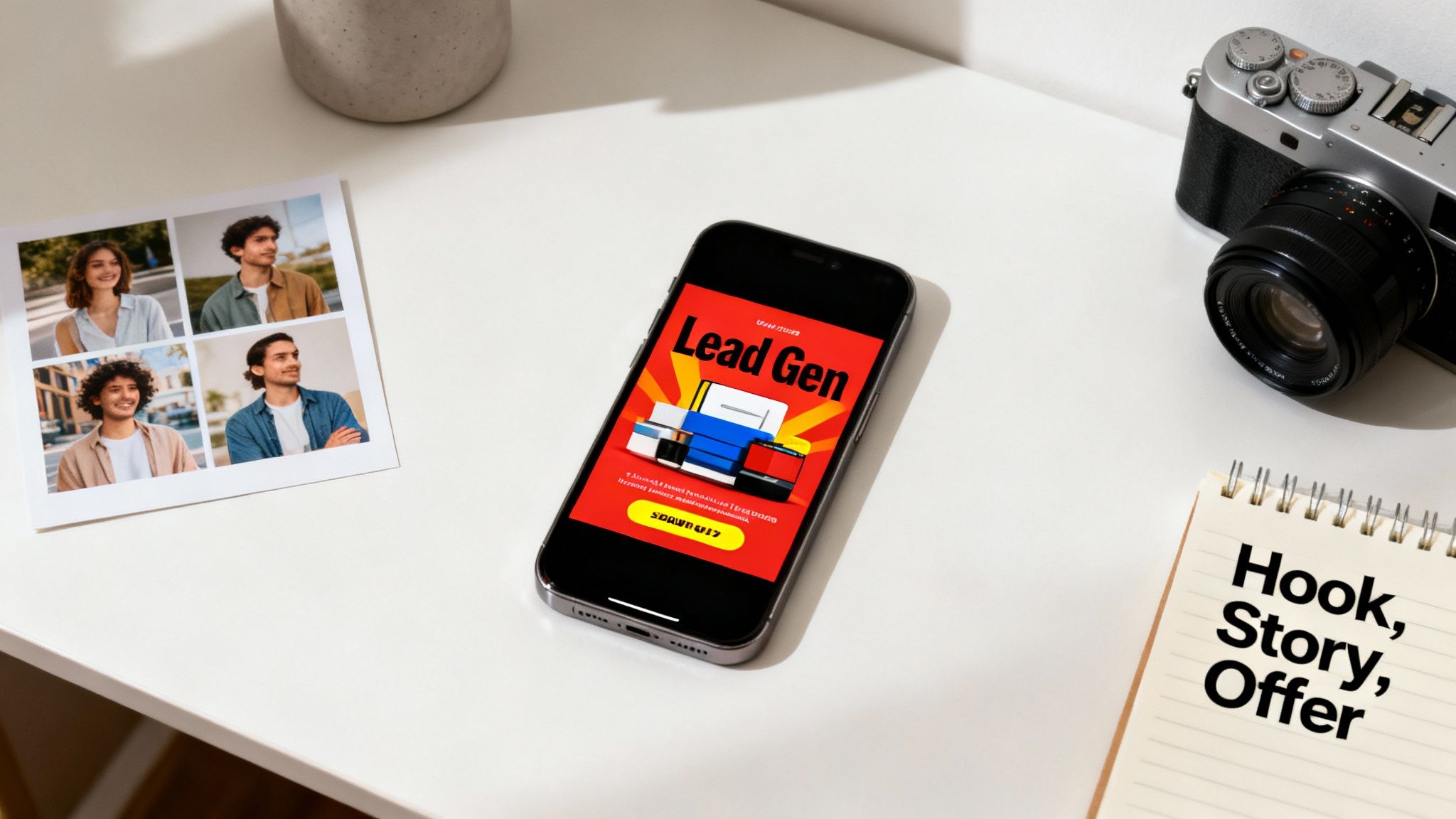 A top-down view of a desk with a smartphone showing a 'Lead Gen' ad, a photo collage, a camera, and a notebook.