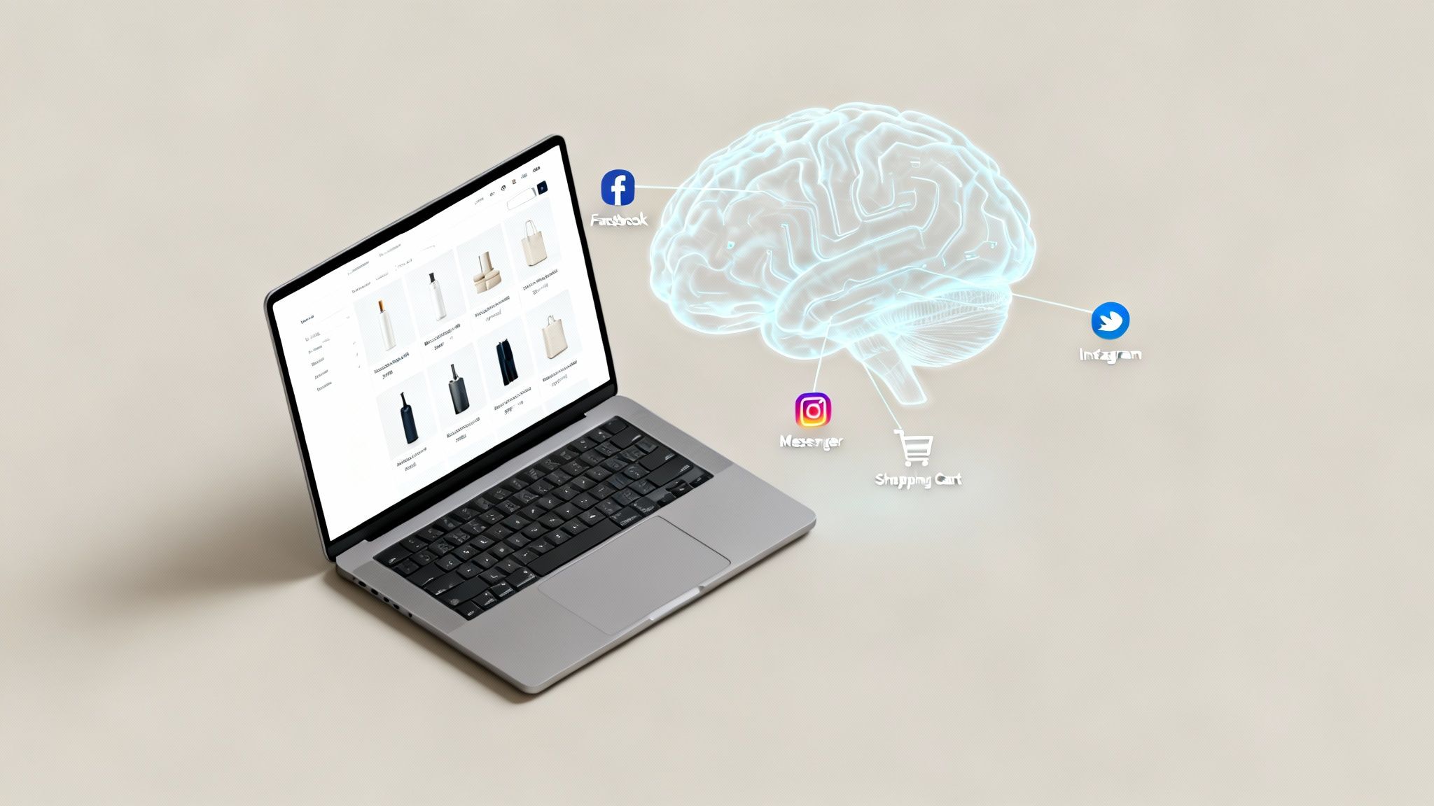 A laptop displaying an e-commerce website, connected to a glowing brain graphic with social media and shopping cart icons.