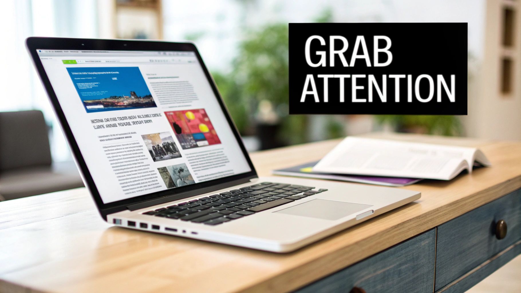 A laptop on a wooden desk displays a website alongside a black box with 'GRAB ATTENTION' text.