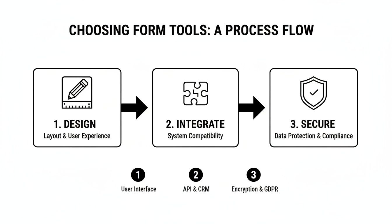 A process flow diagram illustrating three steps for choosing form tools: Design, Integrate, Secure.