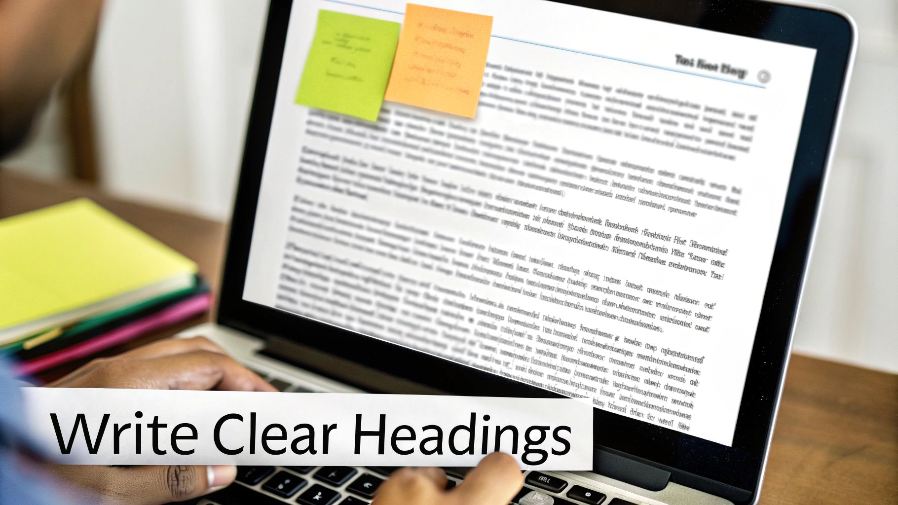 Close-up of hands typing on a laptop, screen showing a document with sticky notes, and 'Write Clear Headings' banner.