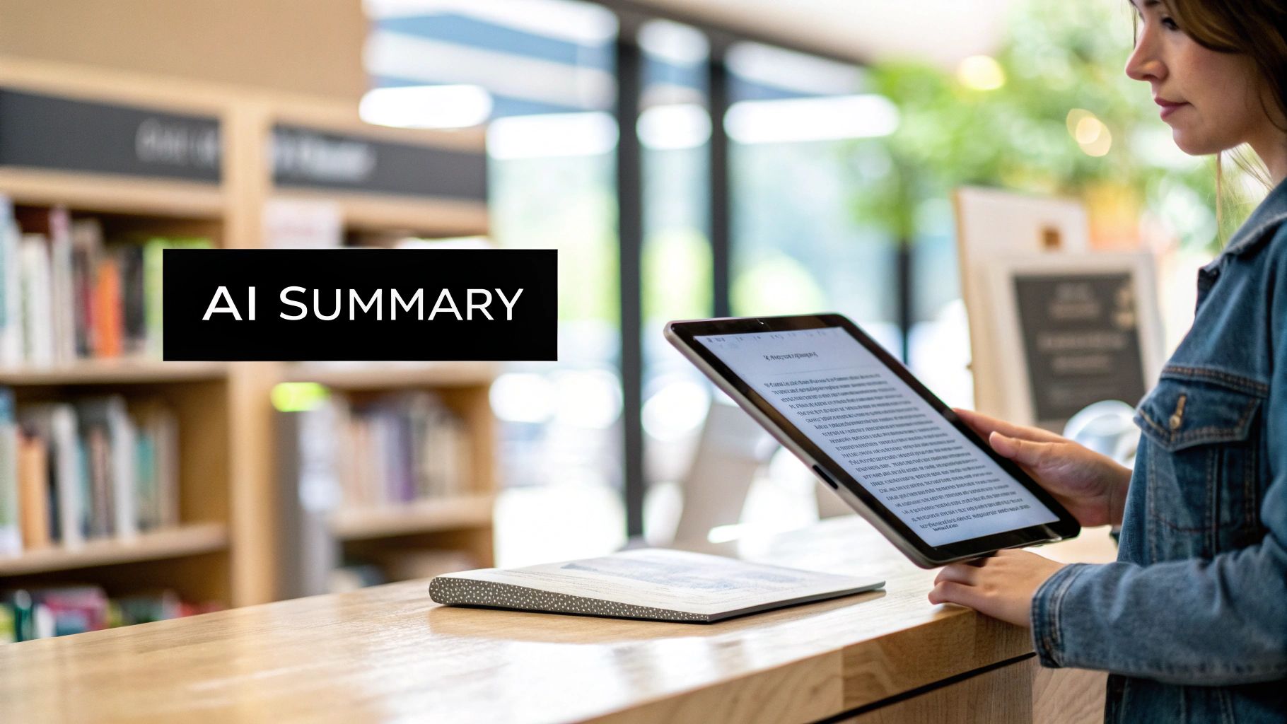 A woman reads content labeled "AI SUMMARY" on a tablet at a wooden counter in a library.