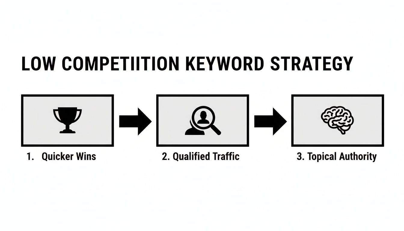 Flowchart illustrating a low competition keyword strategy leading to quicker wins, qualified traffic, and topical authority.