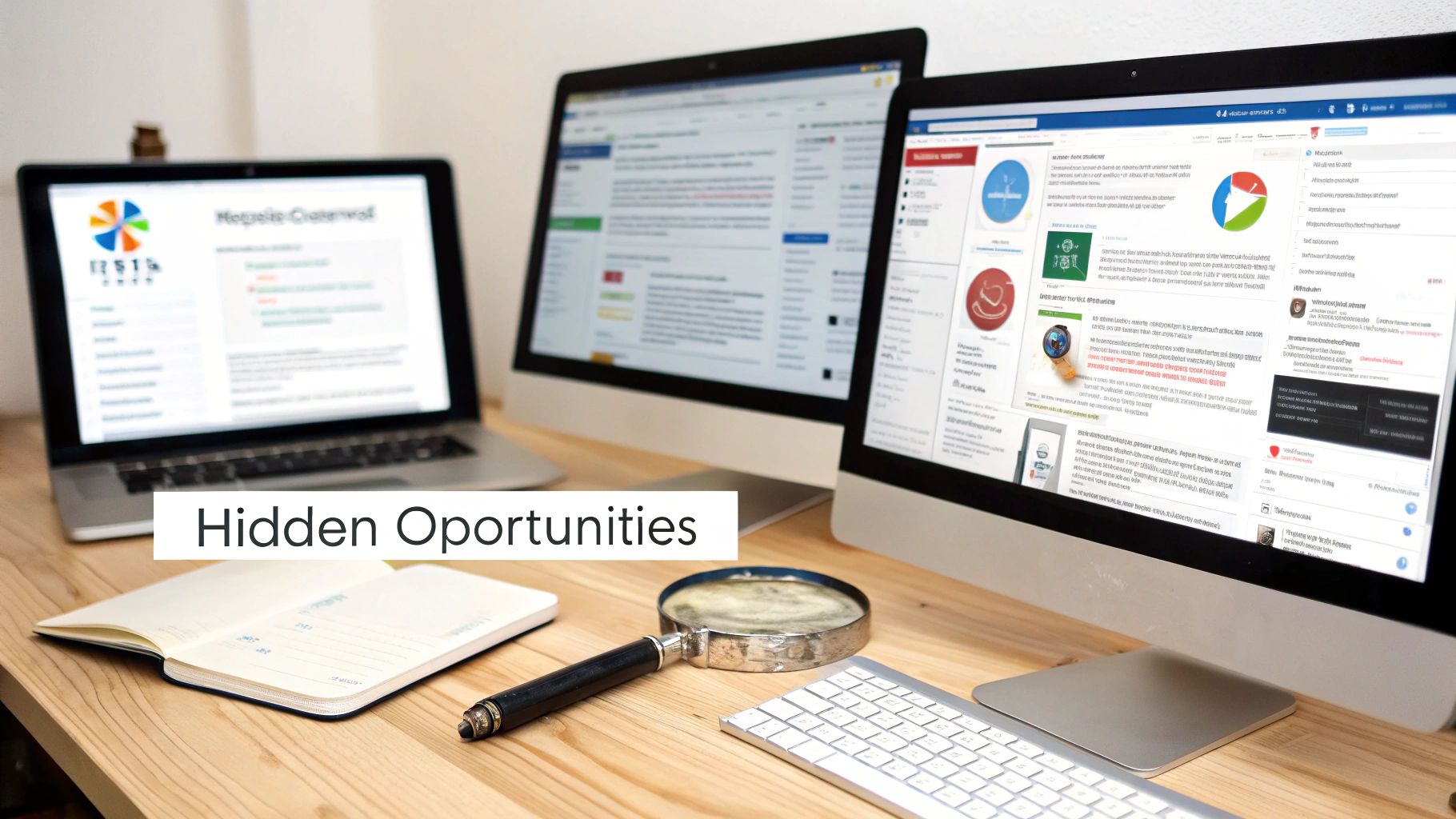 Desk with laptop, two monitors showing data, a magnifying glass, and notebook, symbolizing opportunity search.