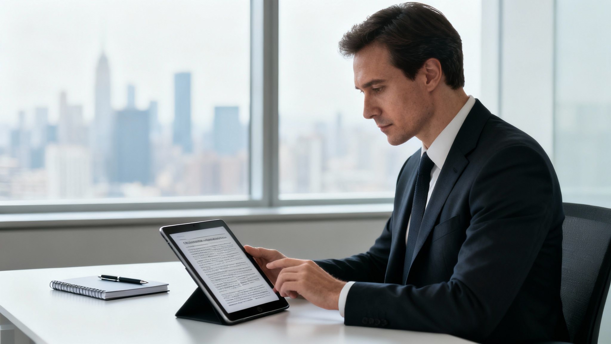 Professional businessman focused on reviewing a document on a tablet in a modern office with cityscape.