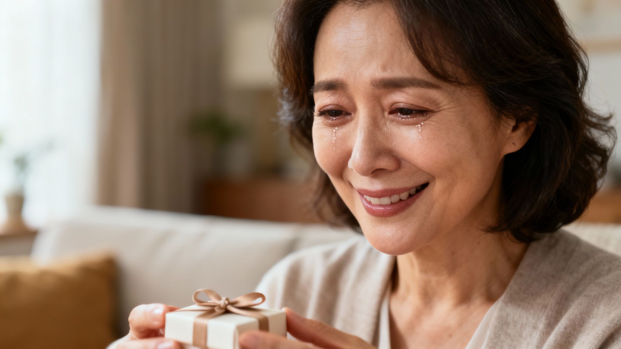 Close-up of an emotional older Asian woman crying tears of joy while holding a gift.