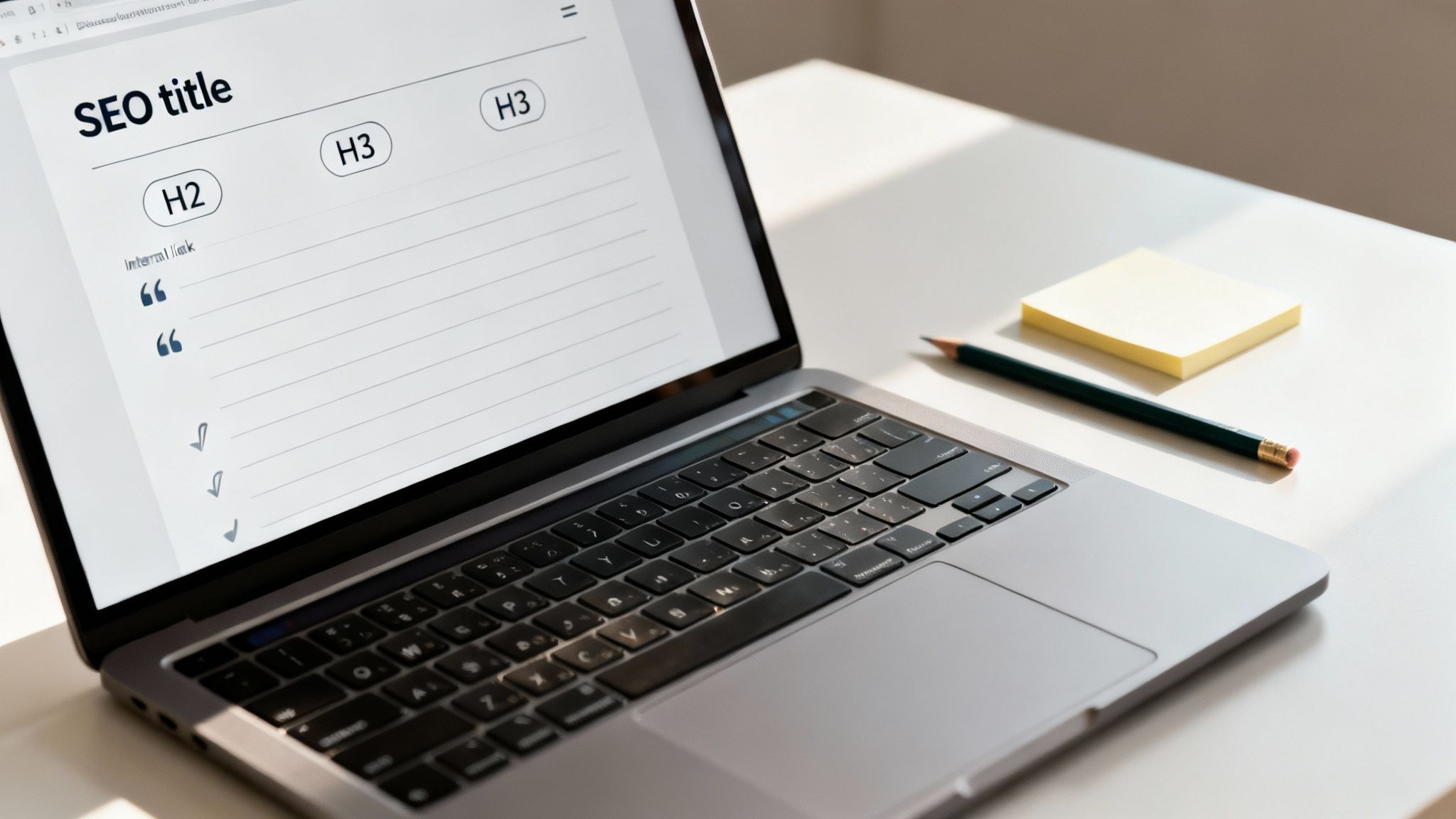 Laptop displaying an SEO content outline with headings, internal links, a pencil, and sticky notes on a desk.