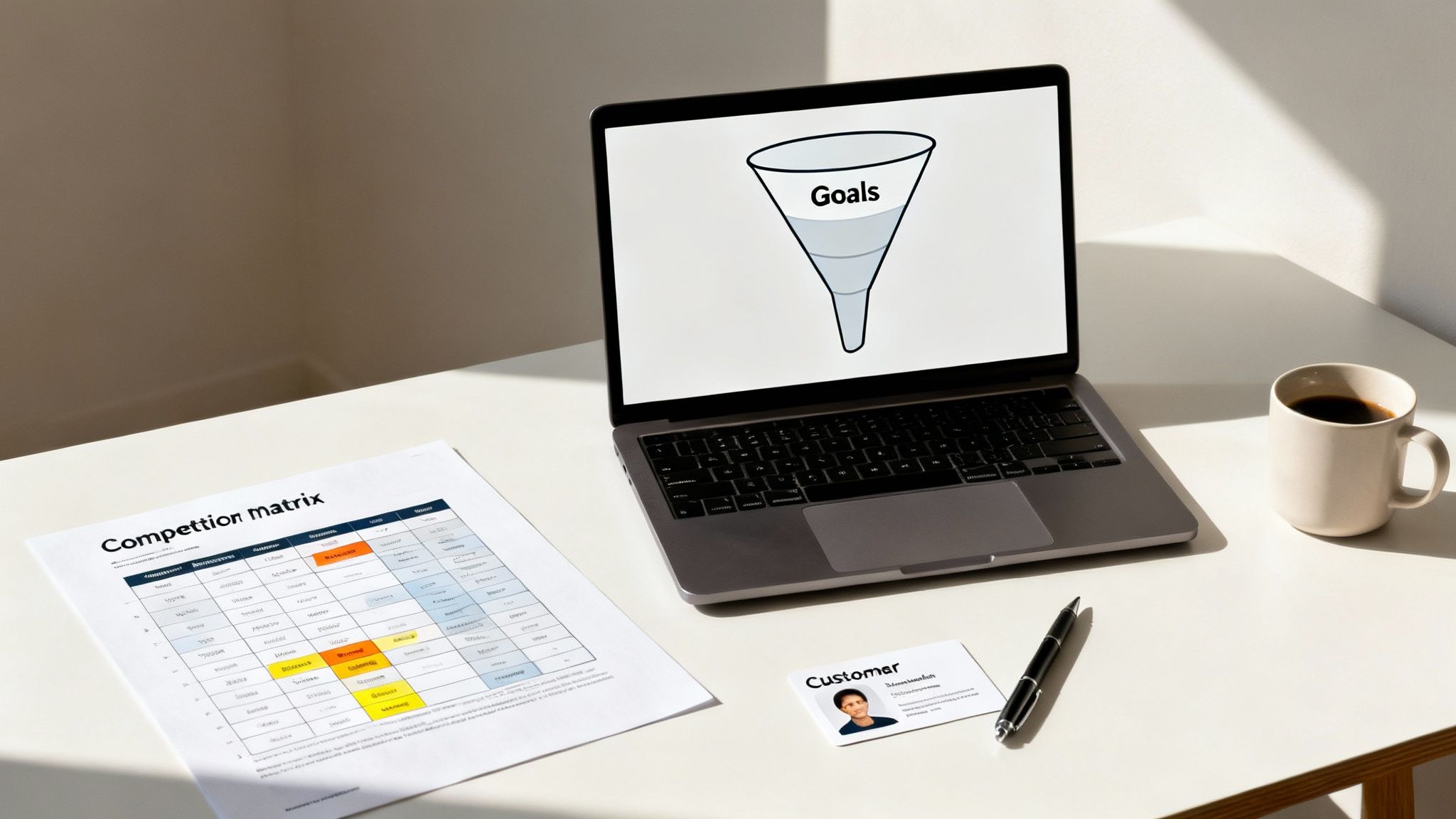 A well-lit desk setup with a laptop showing a 'Goals' funnel, a competition matrix document, coffee, and a customer business card.
