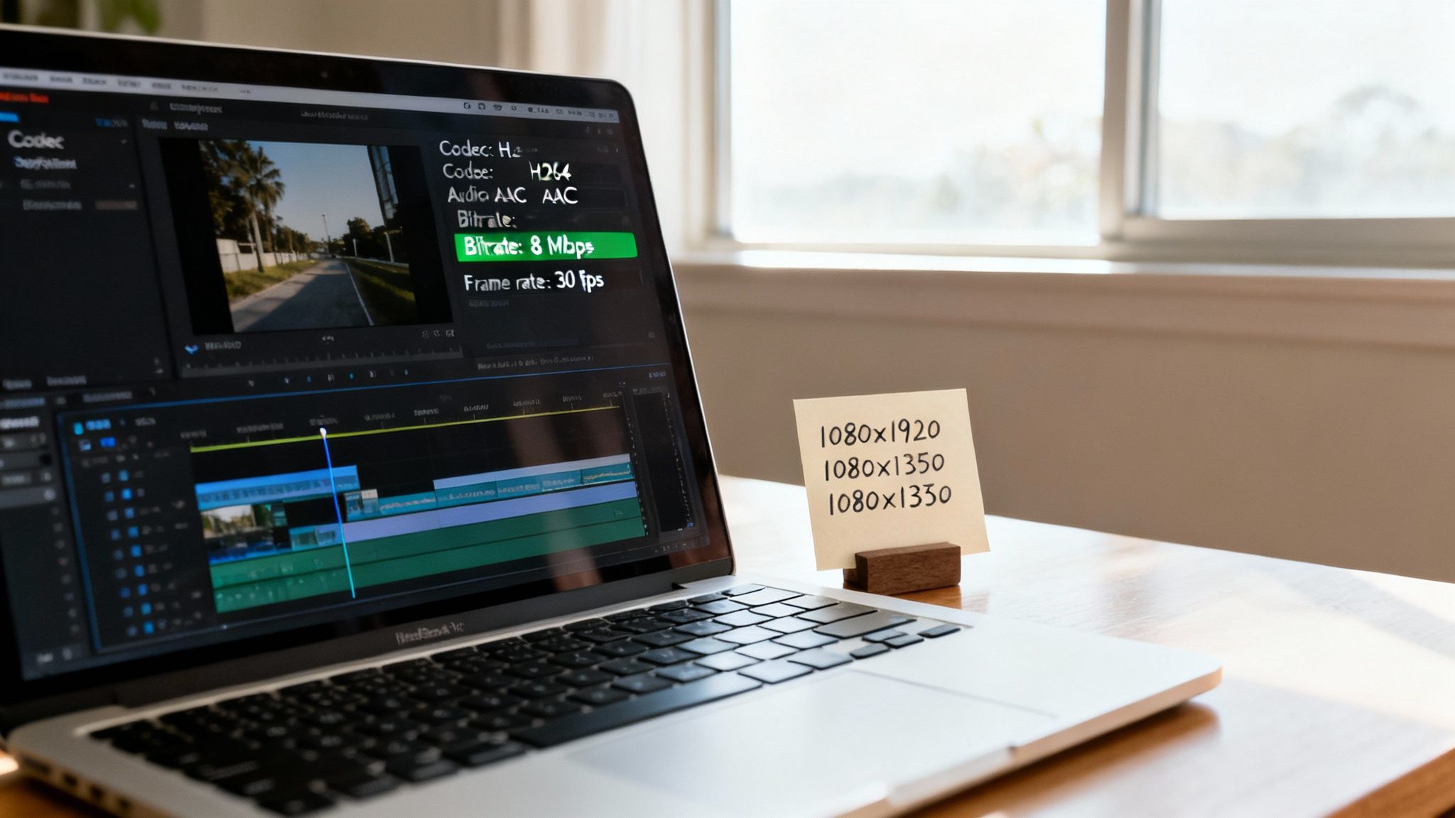 A laptop shows video editing software with encoding settings and video resolutions on a sticky note.