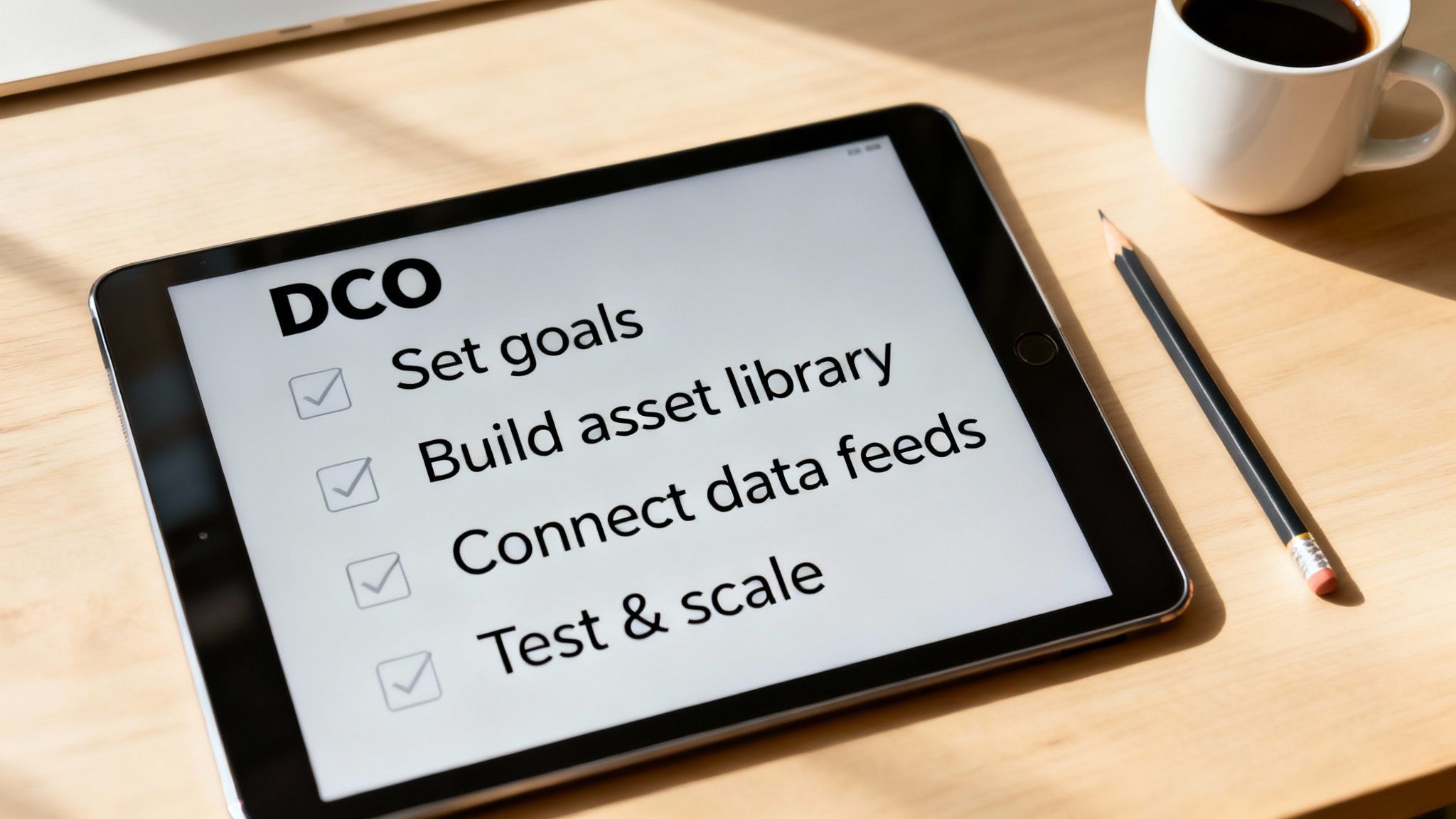 Digital tablet on a wooden desk showing a completed checklist for Dynamic Creative Optimization (DCO).