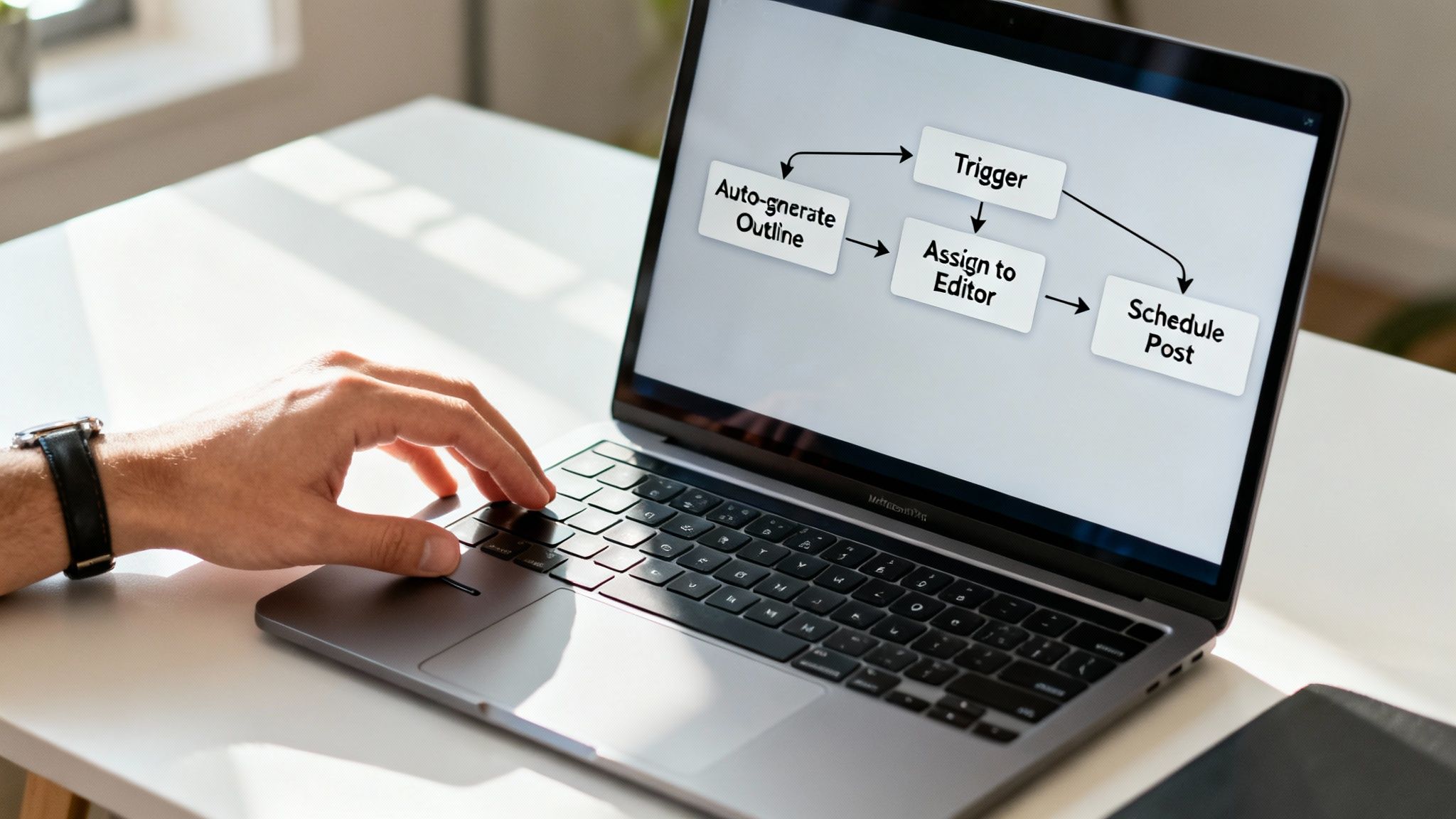 A person's hand typing on a laptop screen displaying a digital workflow diagram for content creation.