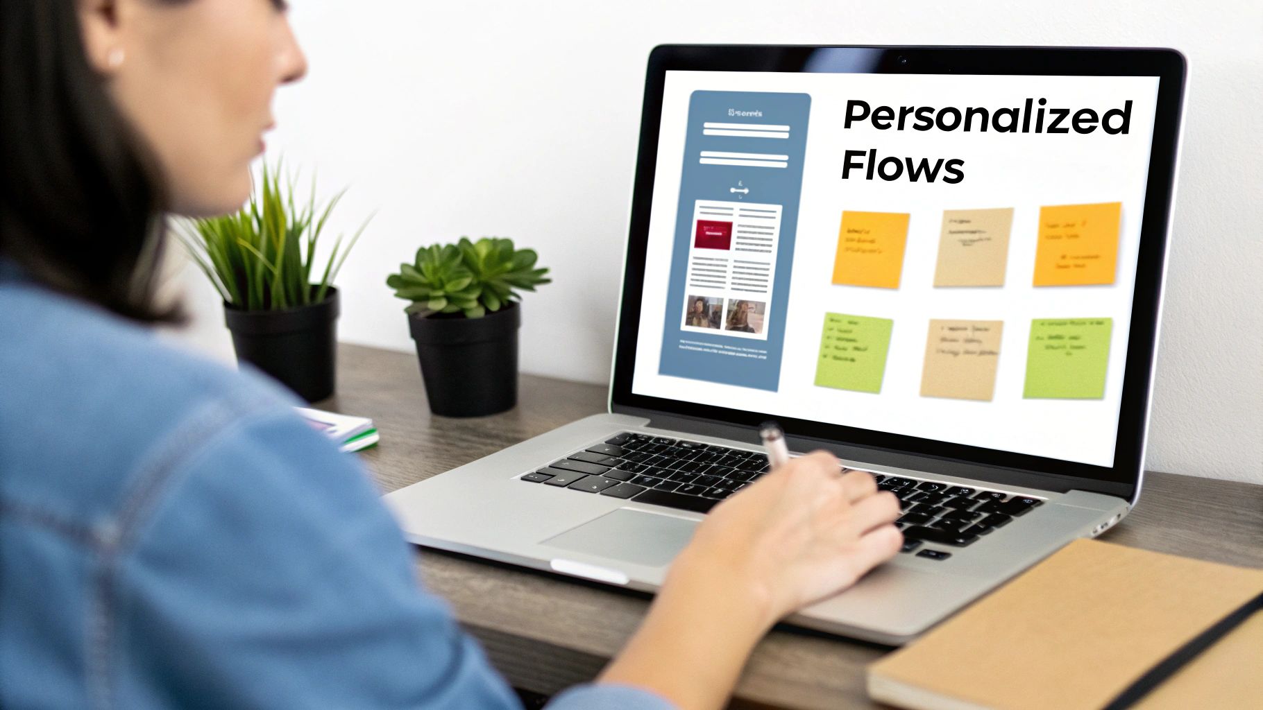 A person works on a laptop displaying 'Personalized Flows' with UI design and sticky notes.