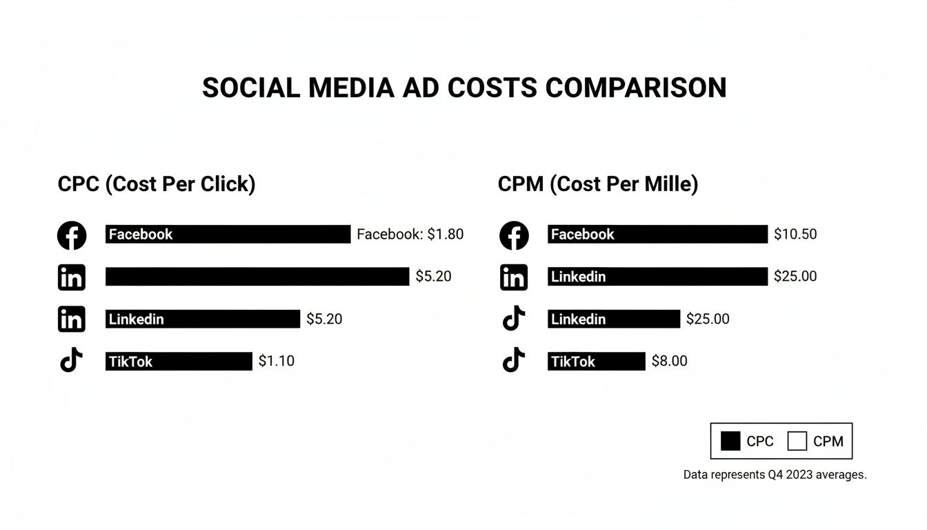 Comparison of social media ad costs for Facebook, LinkedIn, and TikTok, showing CPC and CPM.