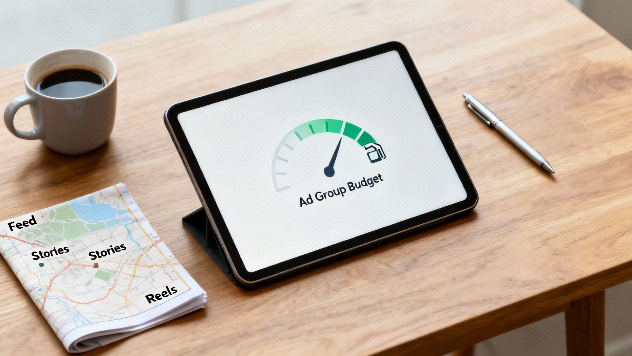 A desk with a tablet showing 'Ad Group Budget' gauge, a map of social media placements, and coffee.
