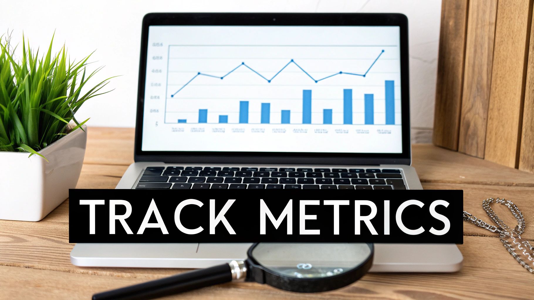 A laptop screen displays a business chart with bars and a line, text reads 'TRACK METRICS'.
