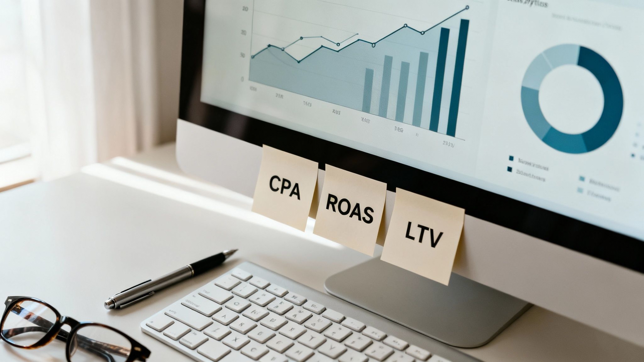Computer monitor displaying marketing analytics charts, with sticky notes for CPA, ROAS, and LTV.