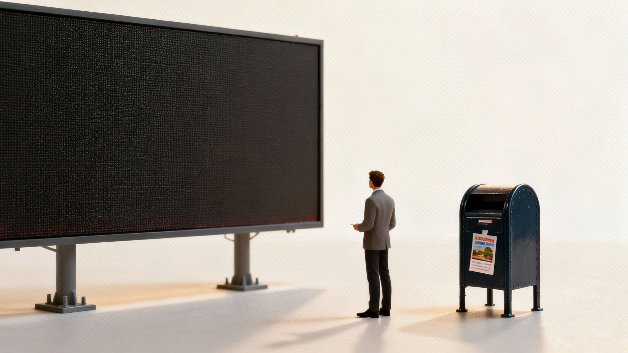 A miniature man stands observing a large, dark digital billboard, with a blue mailbox nearby.
