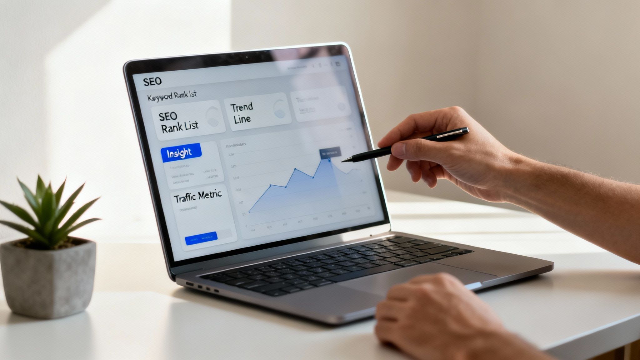 Hands pointing at an SEO rank tracking dashboard on a laptop, showing an upward trend line.