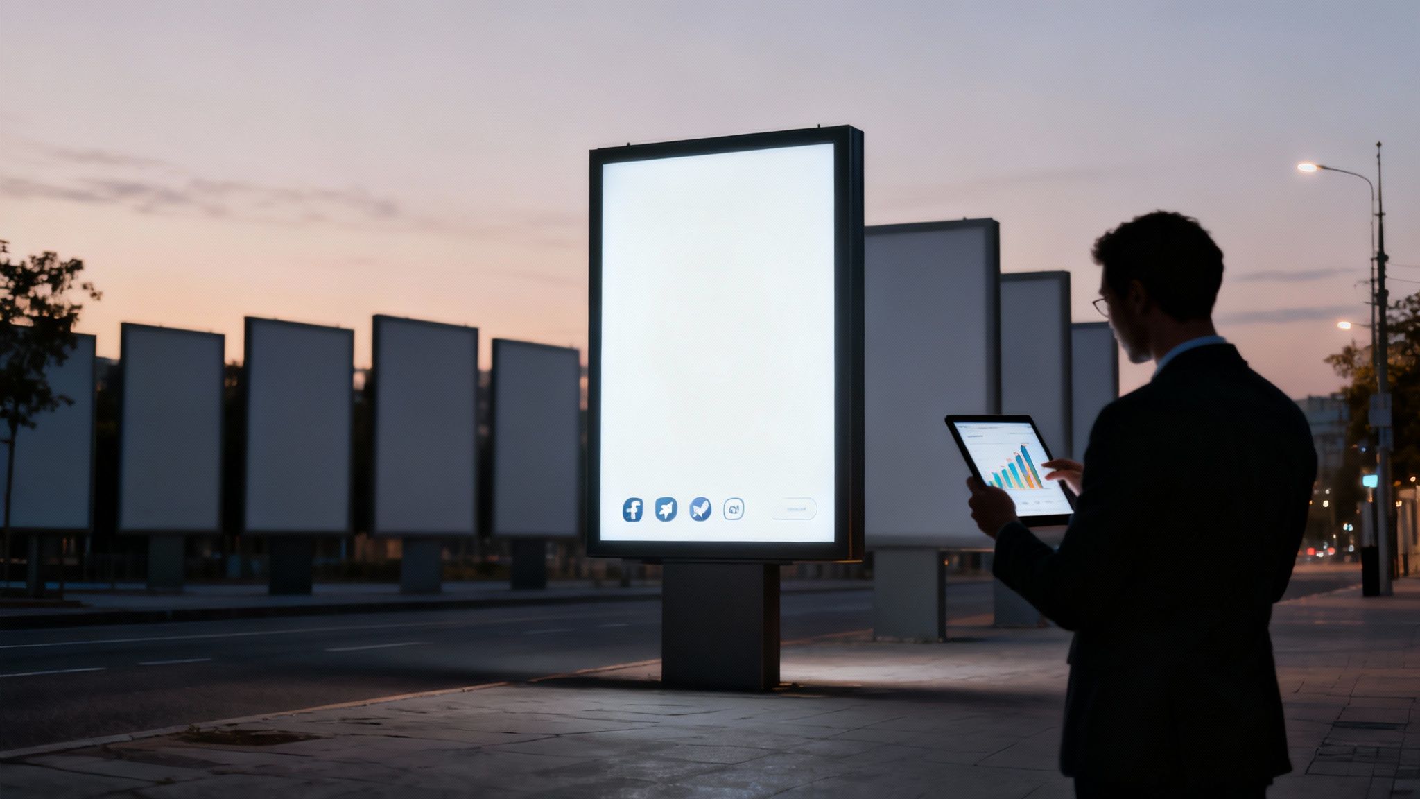 A businessman analyzes data on a tablet next to a glowing digital billboard with social media icons at dusk.