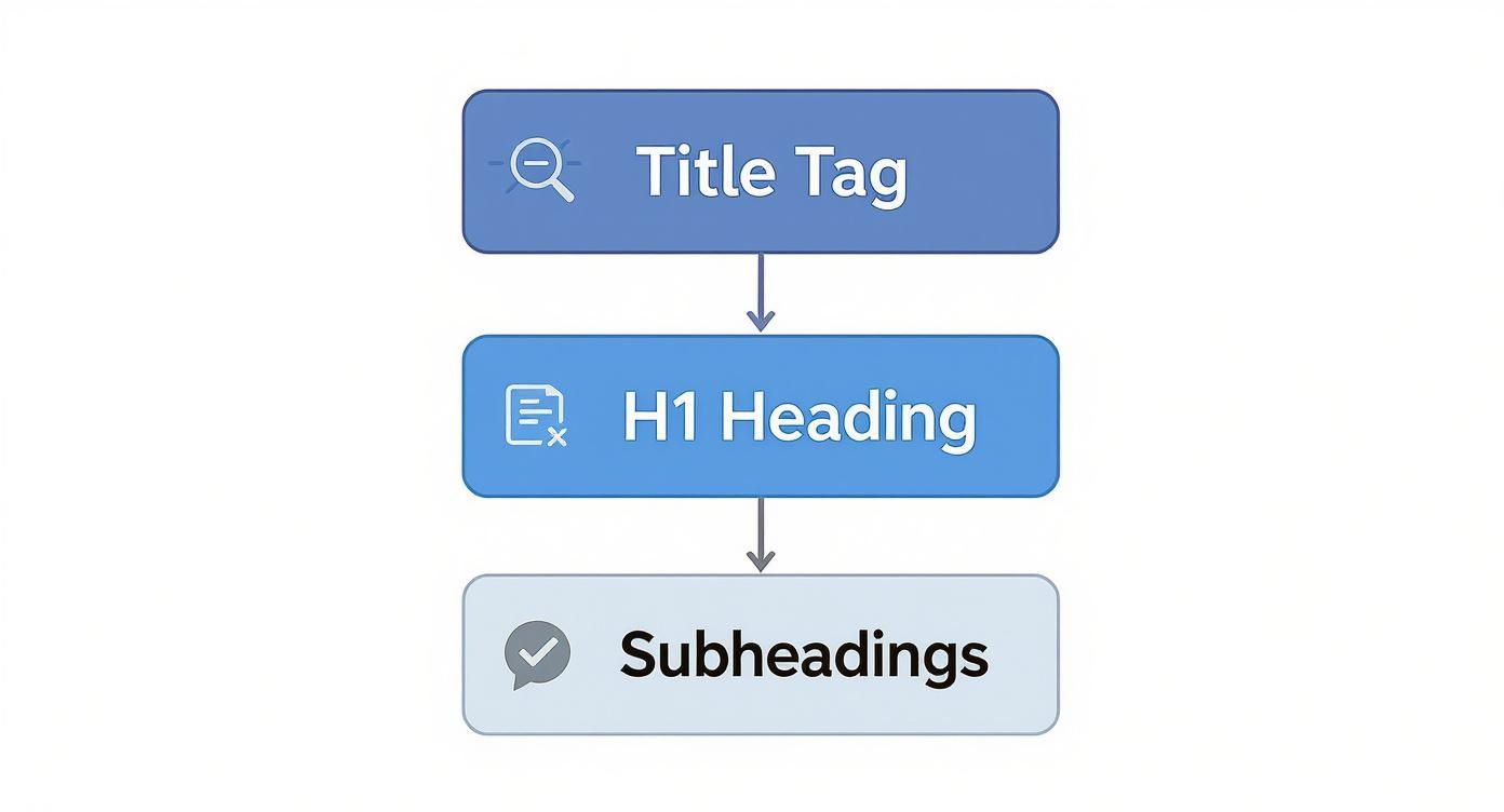 Flowchart showing the hierarchy of SEO elements: Title Tag, H1 Heading, and Subheadings in blue and grey boxes.