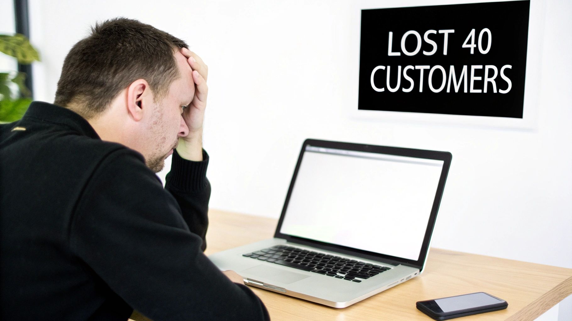 A distressed man sits at a desk with a laptop, looking at a sign indicating 'LOST 40 CUSTOMERS'.