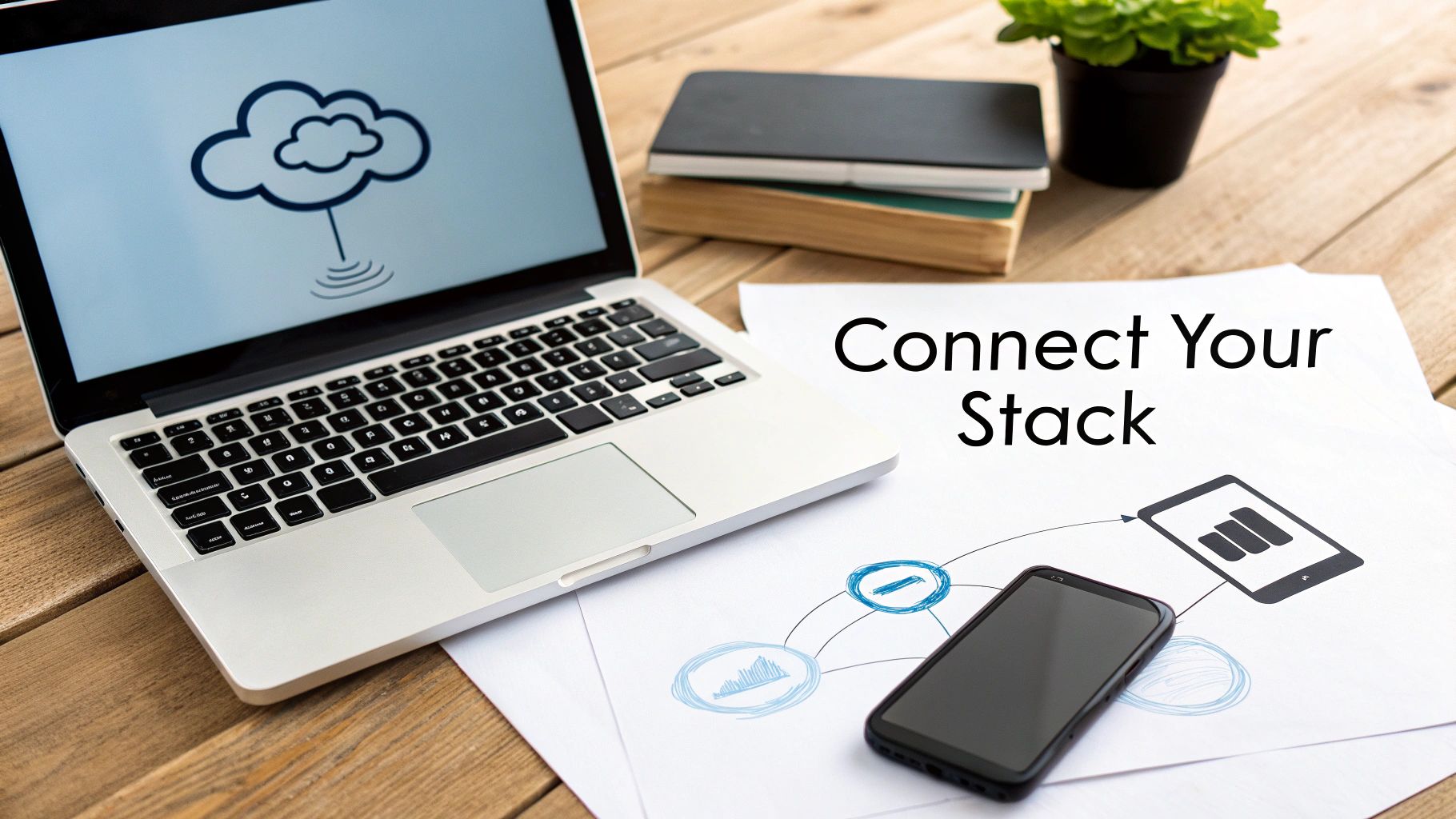 A laptop showing a cloud icon, a smartphone, and a paper with 'Connect Your Stack' and a tech integration diagram.
