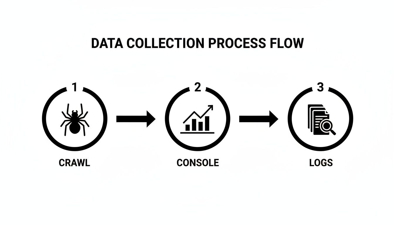 A data collection process flow diagram illustrating steps for crawling, console processing, and logging data.
