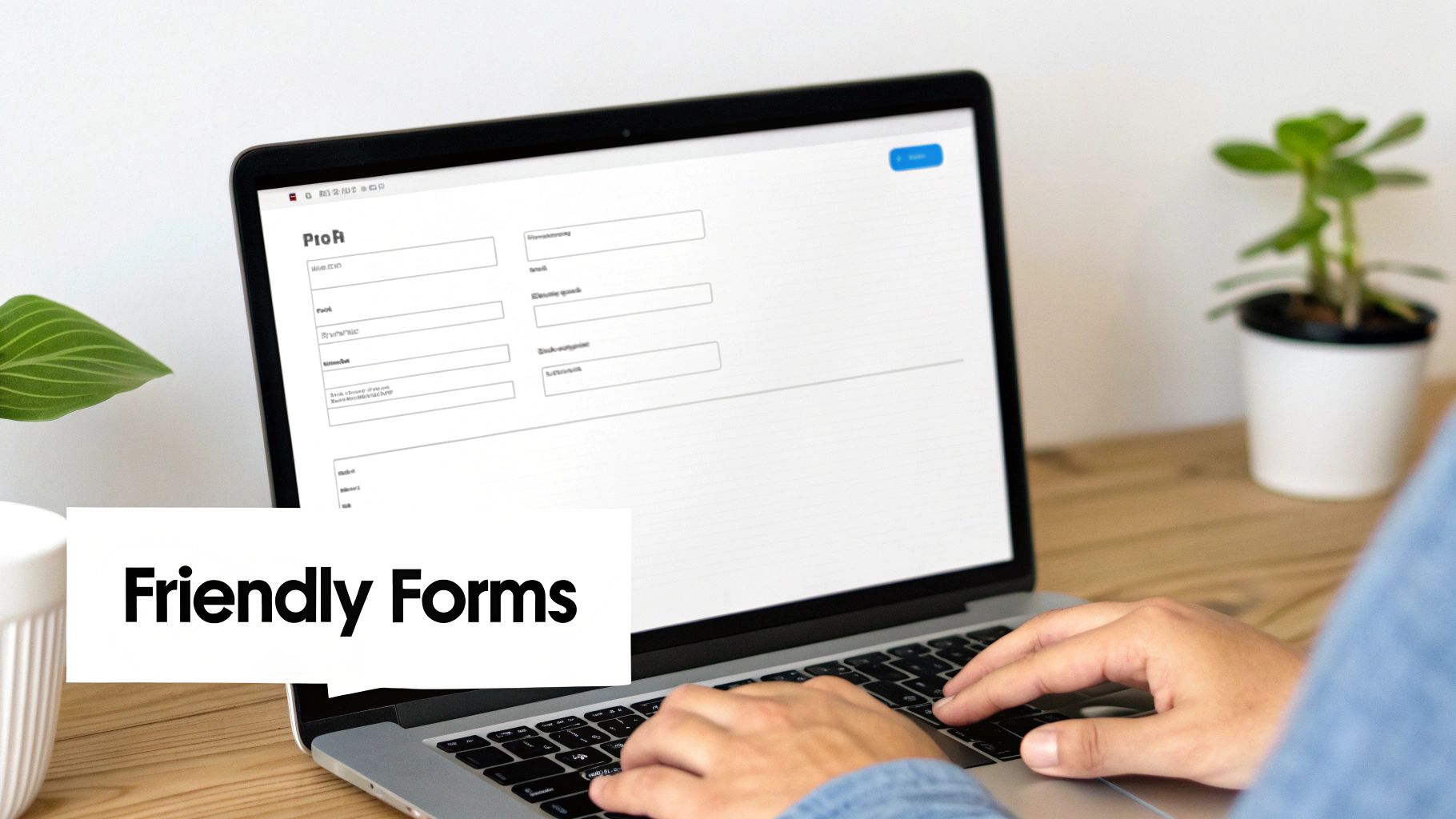 A person types on a laptop, interacting with a digital form labeled 'Friendly Forms' in a bright workspace.