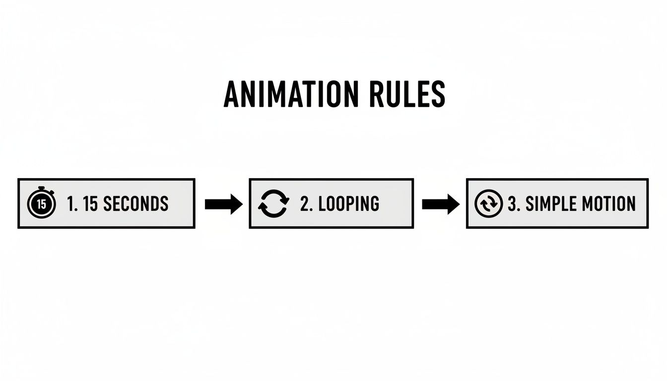 A diagram illustrating three animation rules: 1. 15 seconds, 2. Looping, and 3. Simple Motion.