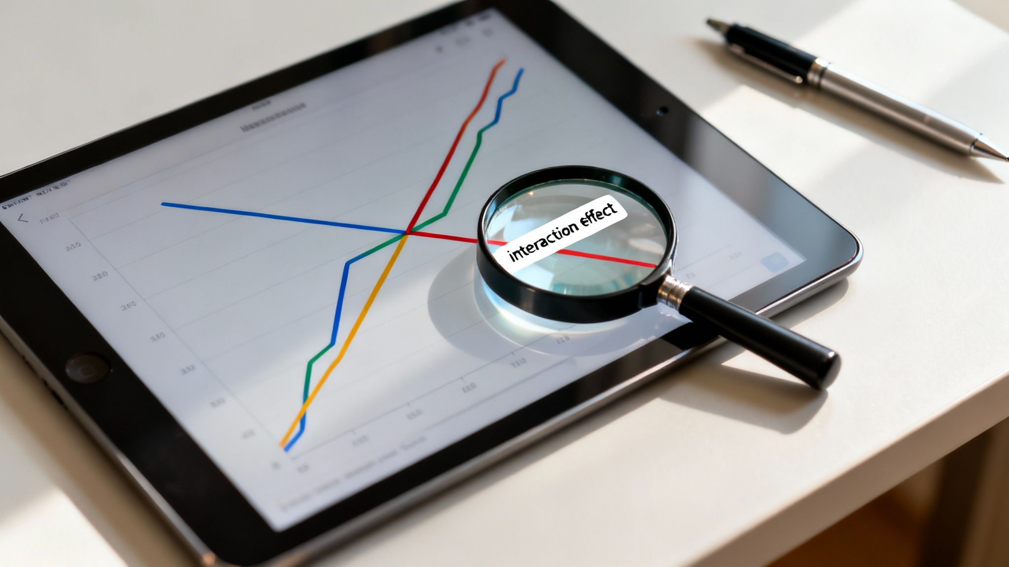 A tablet showing a line graph under a magnifying glass with 'interaction effect' highlighted.