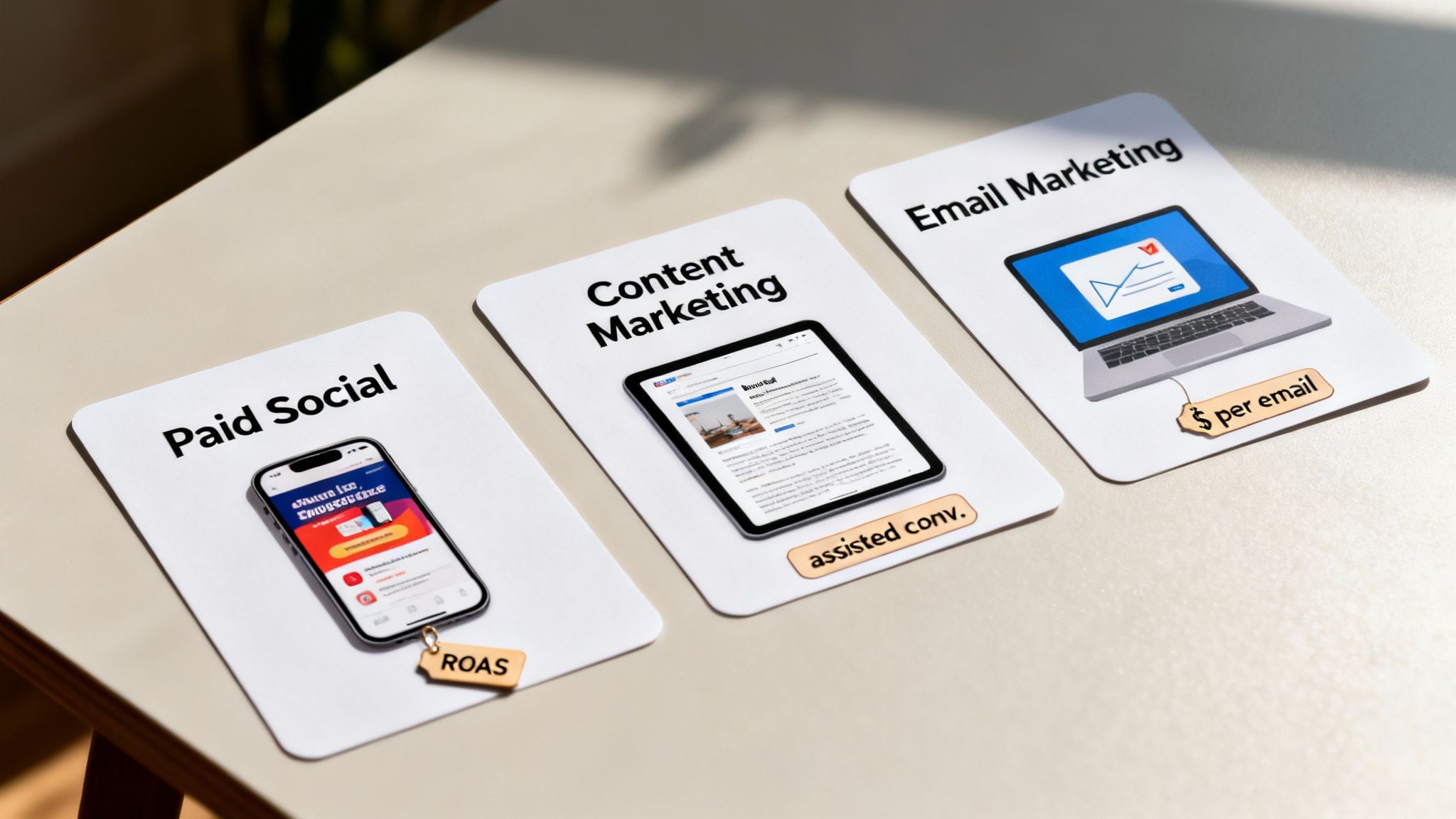 Marketing strategies: Paid Social, Content Marketing, and Email Marketing, with key metrics shown on devices.