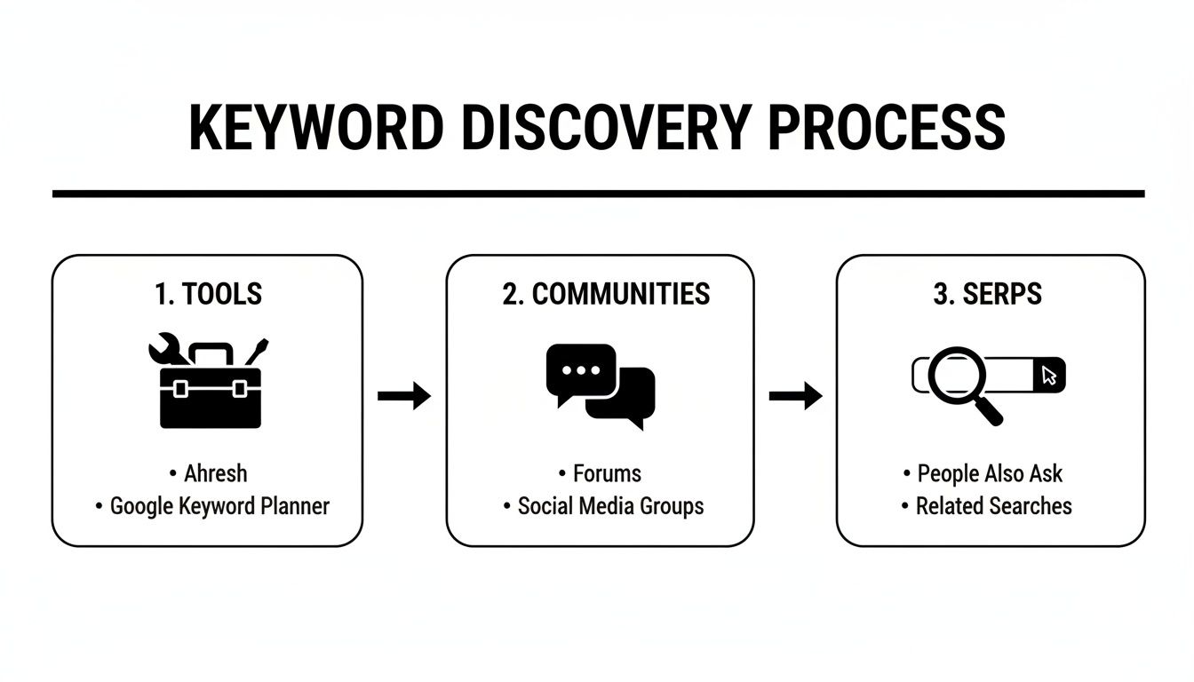 Diagram showing the keyword discovery process using tools, communities, and SERPs to find keywords.