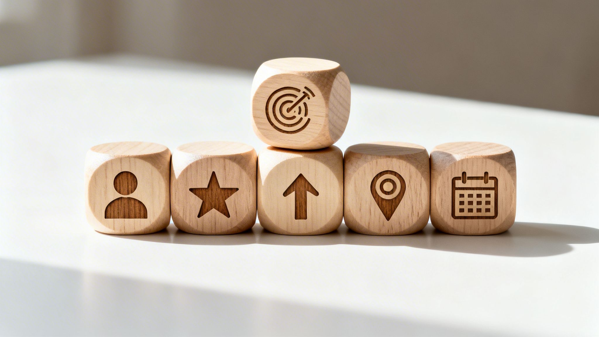 Wooden dice with business icons: person, star, up arrow, location, calendar, and target.