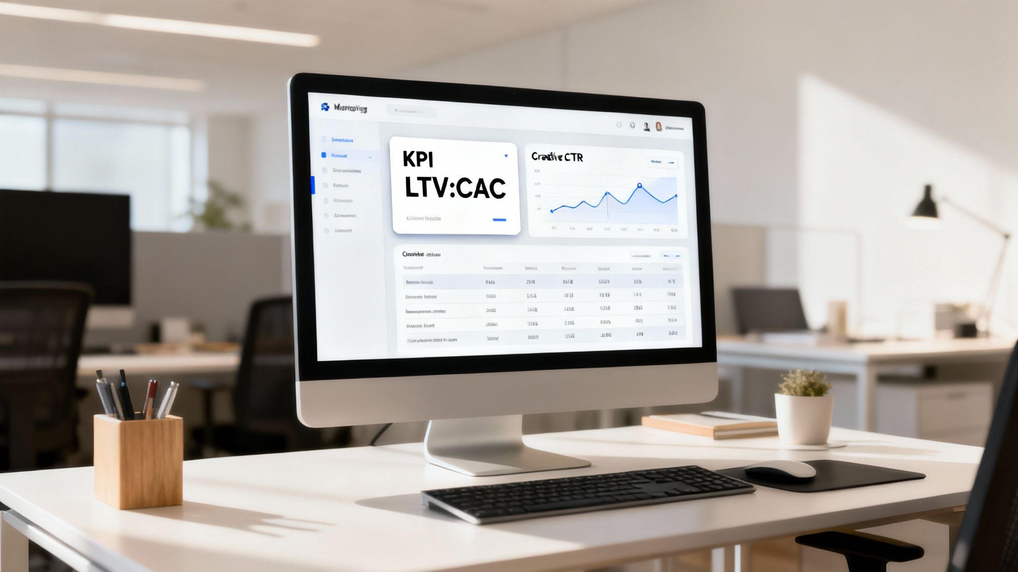 A computer monitor on a modern white office desk displays a dashboard with marketing KPIs and CTR graph.