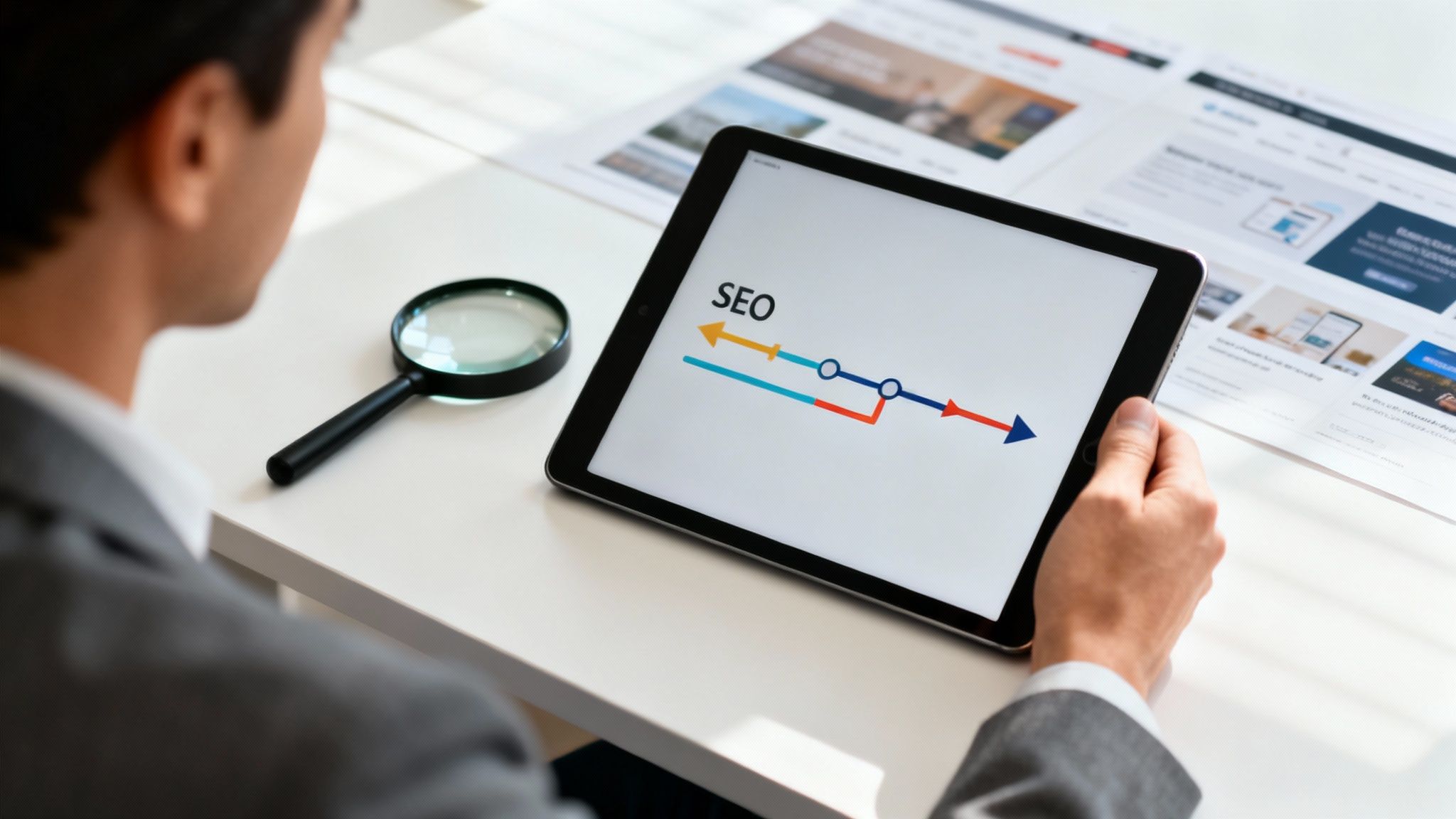 Person analyzing SEO strategy on a tablet with a magnifying glass on a white desk.