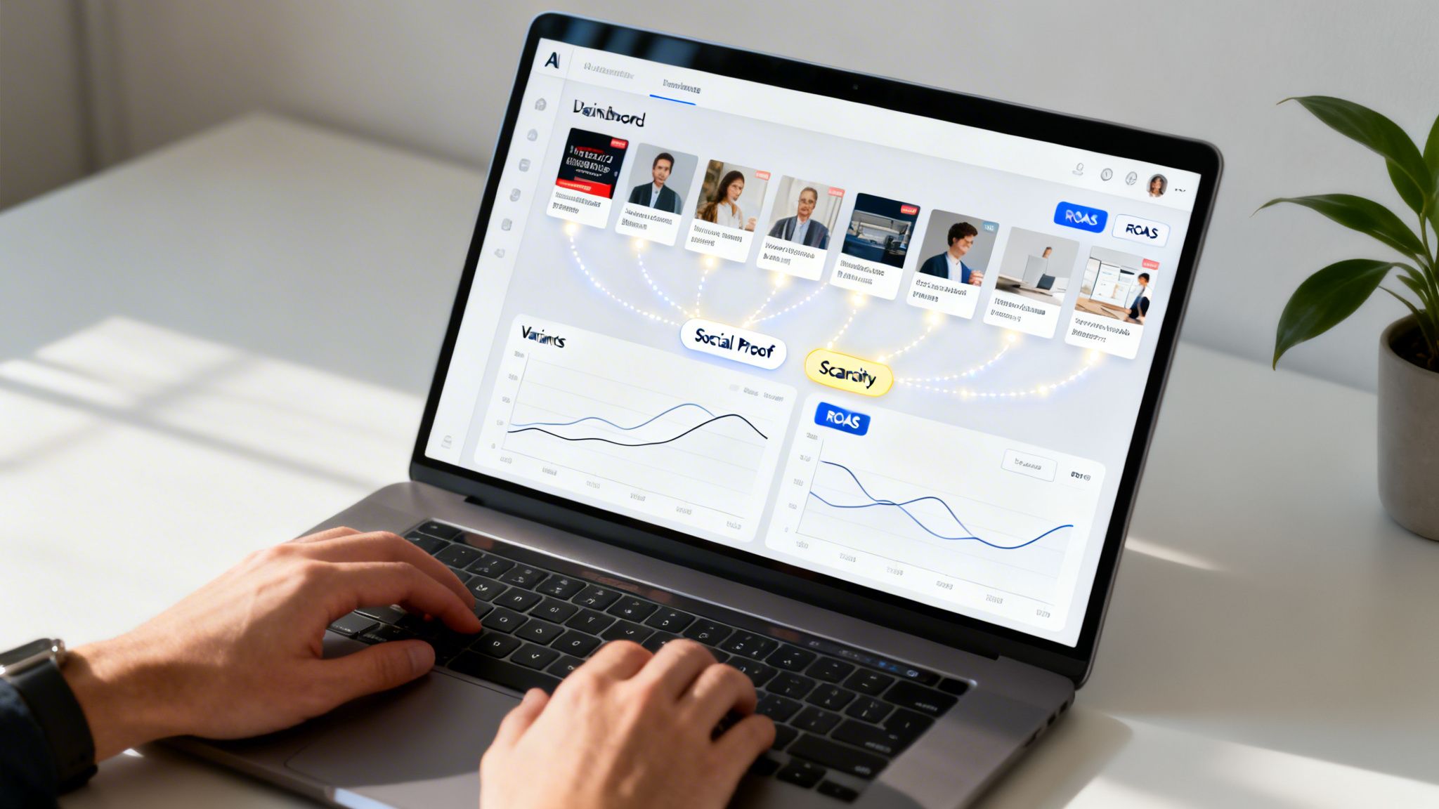 A person typing on a laptop displaying a dashboard with graphs and cards related to social proof and scarcity.