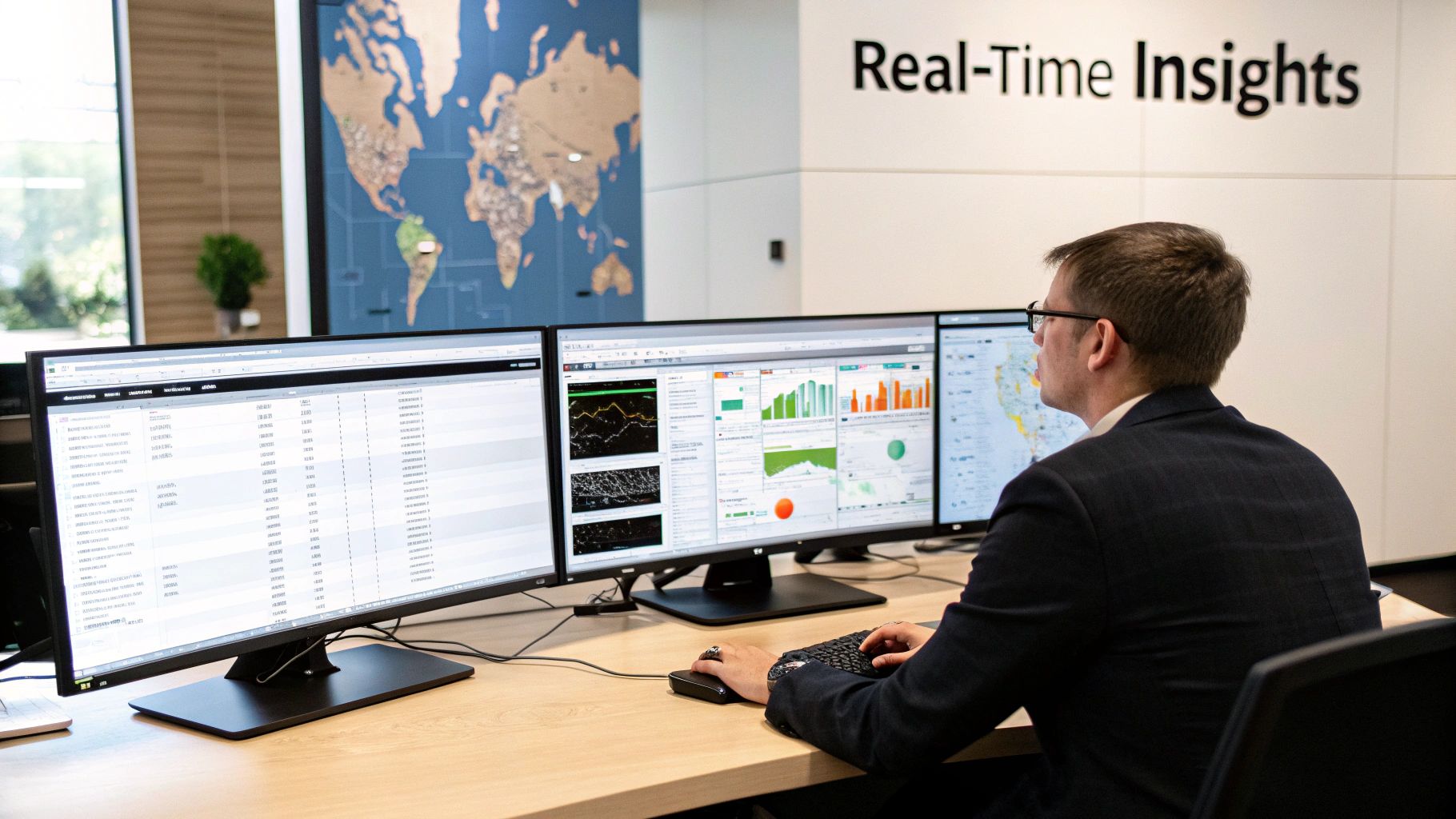 A man in a suit analyzes data on three computer monitors displaying charts and maps.