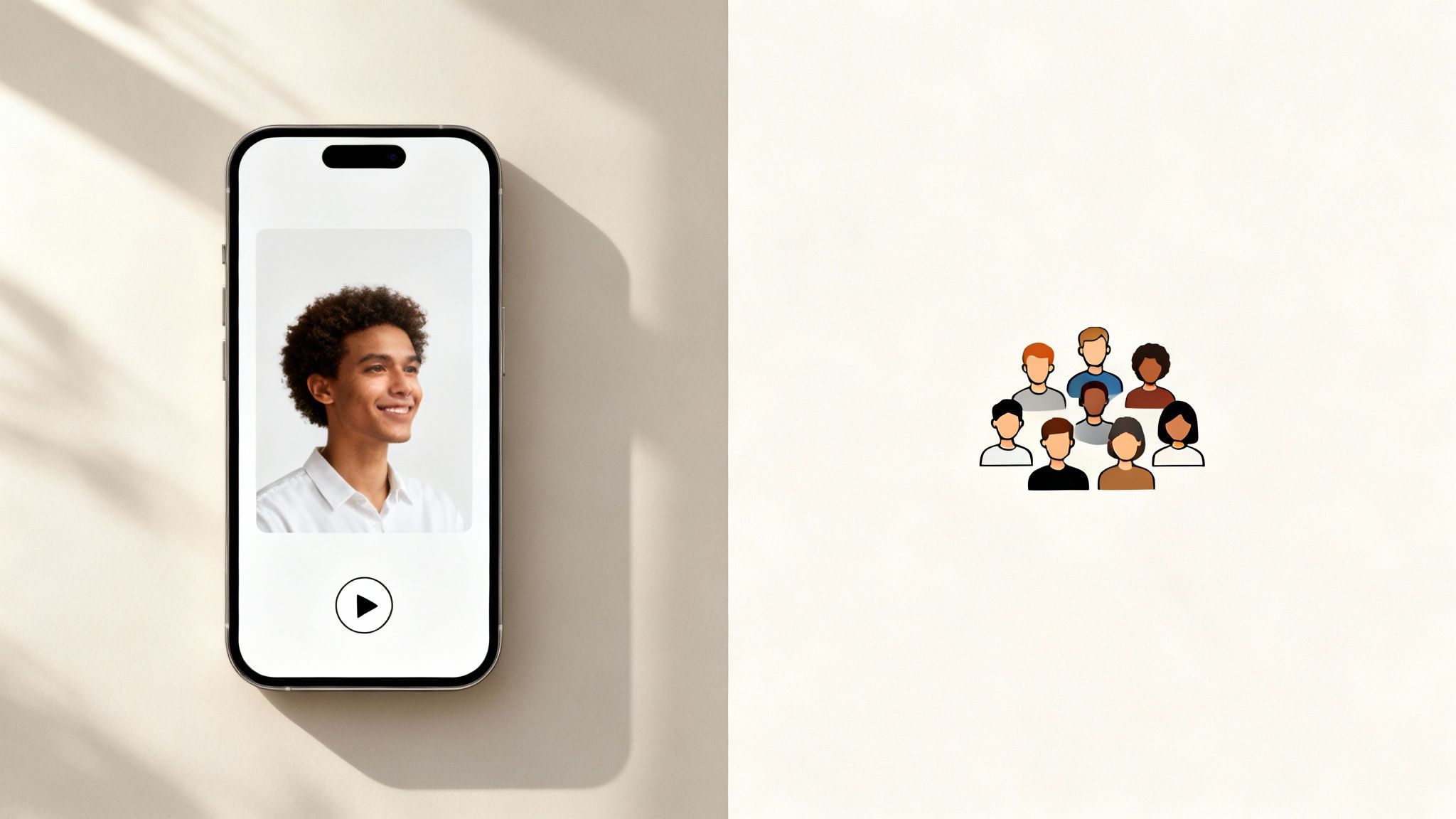 A smartphone displays a smiling man's portrait, next to cartoon icons representing a diverse group of people.