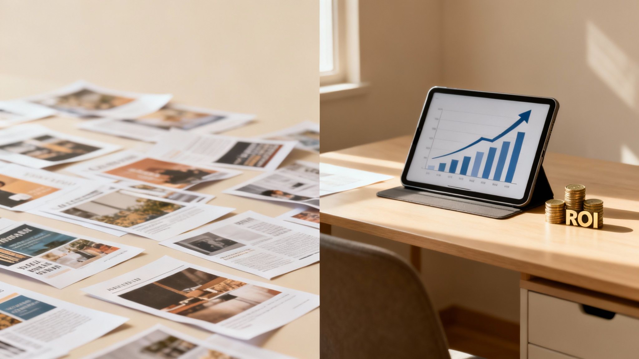 Printed documents on one side, a tablet showing a growth graph, and ROI coins on a desk.