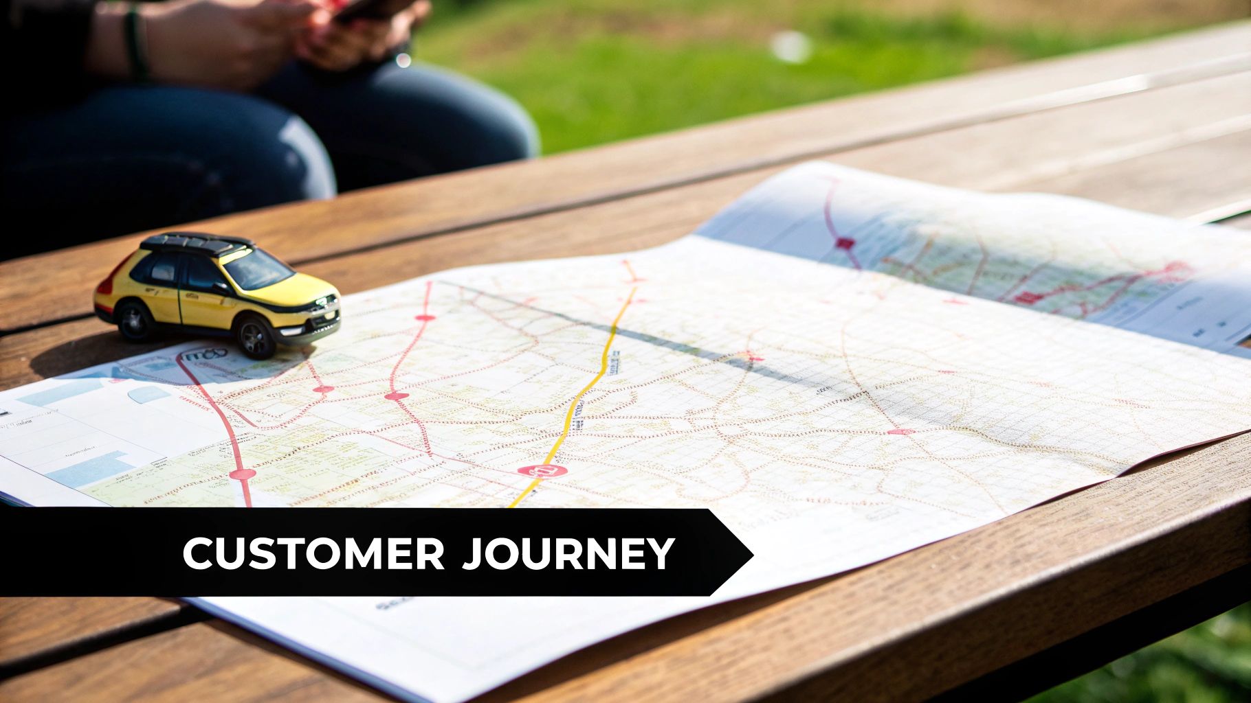 A yellow toy car is placed on an open map on a wooden table, with 'CUSTOMER JOURNEY' text.